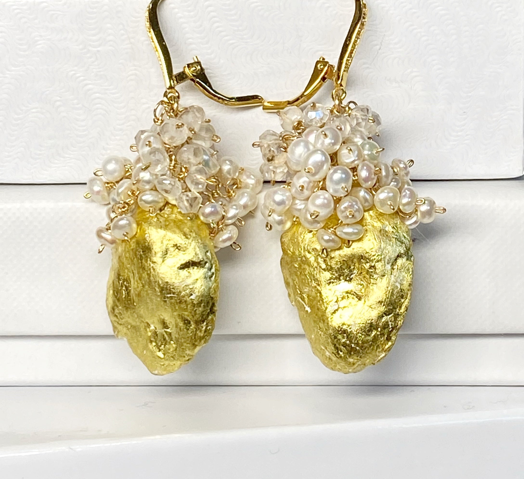 24K Gold Leaf Earrings with Golden Tabasco Geode, Pearl & Mystic Crystal Clusters - Elegant Boho Jewelry for Women, Perfect for Parties, Weddings & Special Occasions