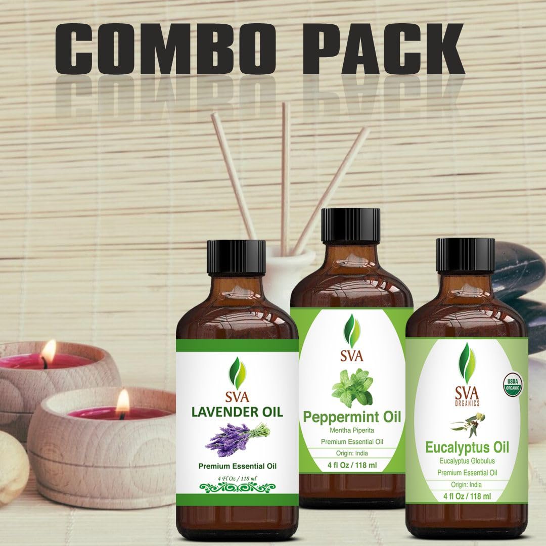 **Premium Peppermint, Lavender & Eucalyptus Essential Oil Set - 4oz Bundle for Aromatherapy, Scalp Massage, Hair & Skin Care - Relaxation, Stress Relief & Home Spa Use**