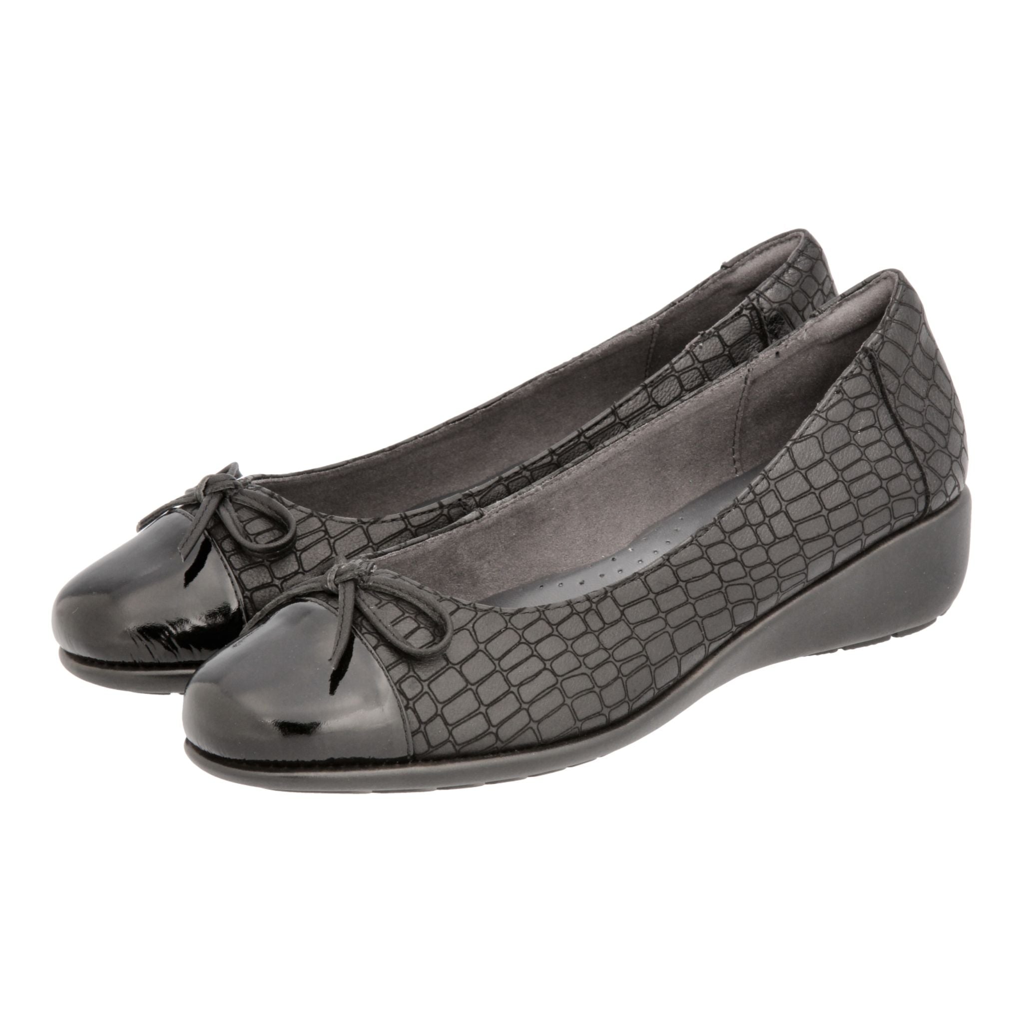 Stylish Barani Black Croc Leather Pumps with Micro Wedge Heel & Fixed Ribbon - Perfect for Office, Parties & Special Occasions