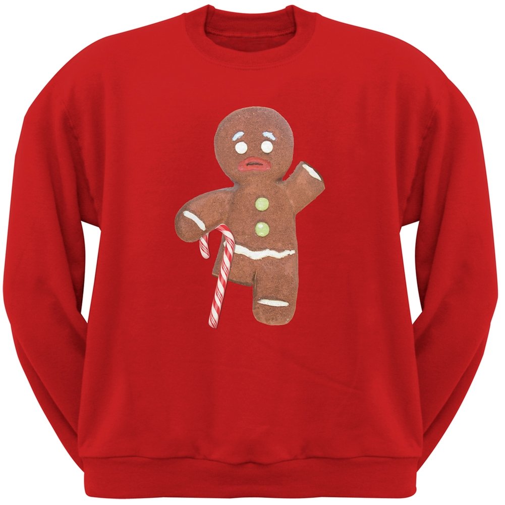 Old Glory Gingerbread Man Christmas Sweatshirt with Candy Cane Crutch - Red Crewneck Pullover for Women & Men - Cozy Holiday Party Outfit, Ugly Sweater Contest, Winter Family Photos