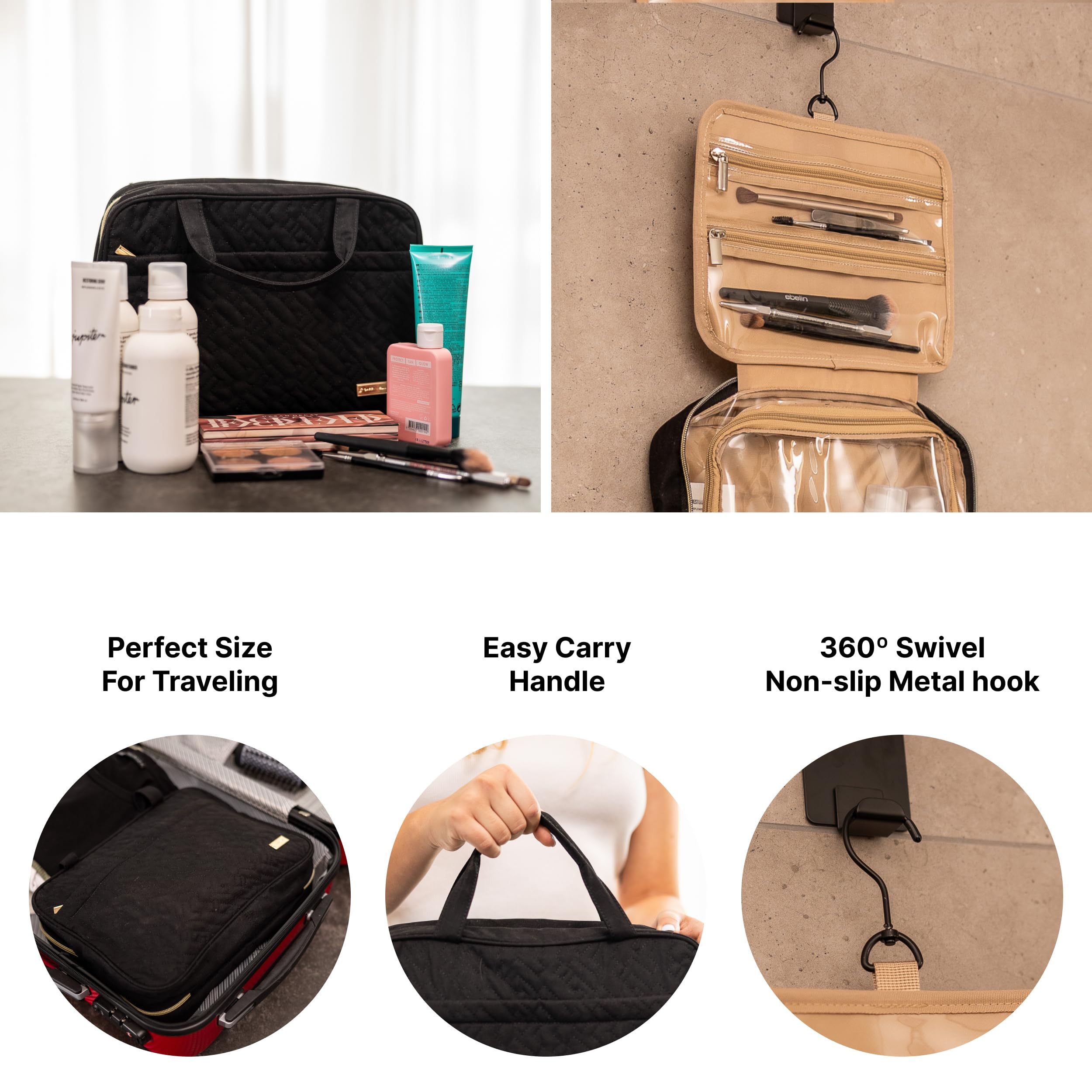 Carrywell Hanging Toiletry Bag for Women - Water-Resistant Travel Cosmetic Organizer with Makeup Brush Holder - Perfect for Vacation, Gym & Business Trips (Black, Medium Size)