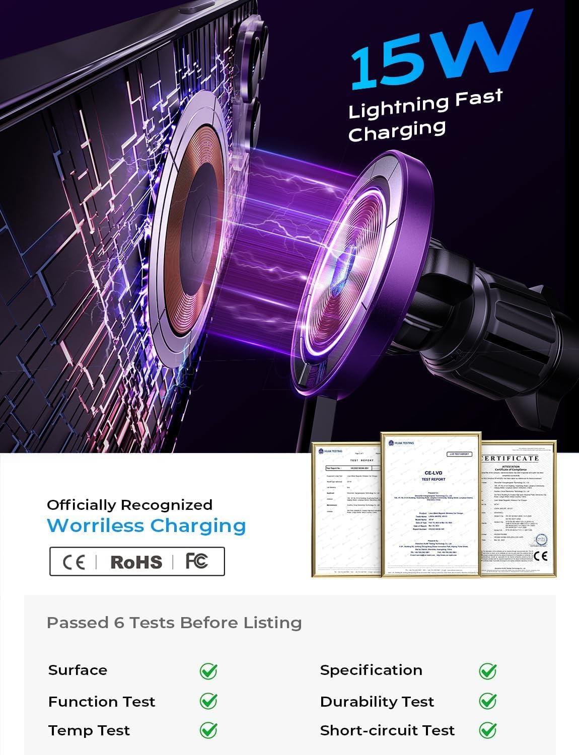 LISEN 15W MagSafe Car Mount Charger - Universal Magnetic Wireless Car Charger for iPhone 16 Pro Max/16/15/14/13/12 - Fast Charging Phone Holder with Strong Magnet - Perfect for Driving & Road Trips (Purple)