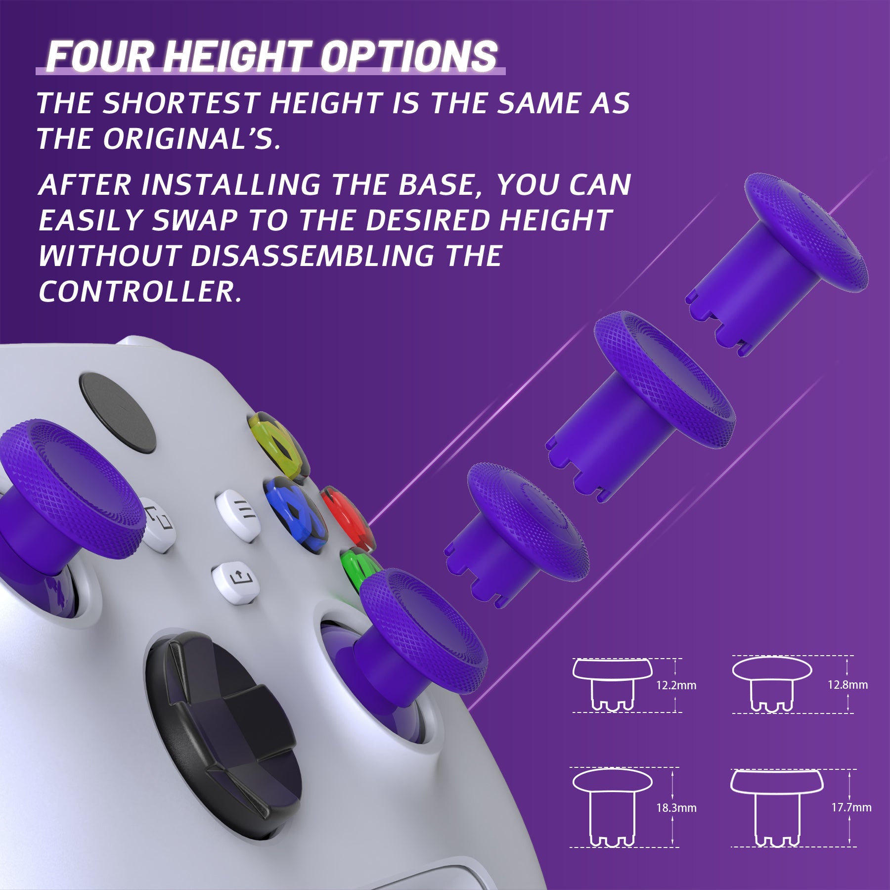 eXtremeRate ThumbsGear V3 Interchangeable Thumbsticks for Xbox Core Controller - 4 Height Adjustable Convex & Concave Joysticks Compatible with Xbox One S/X/Elite & Nintendo Switch Pro Controller (Purple, VRVX3M005) - Perfect for Gaming, FPS, Racing & VR Gaming