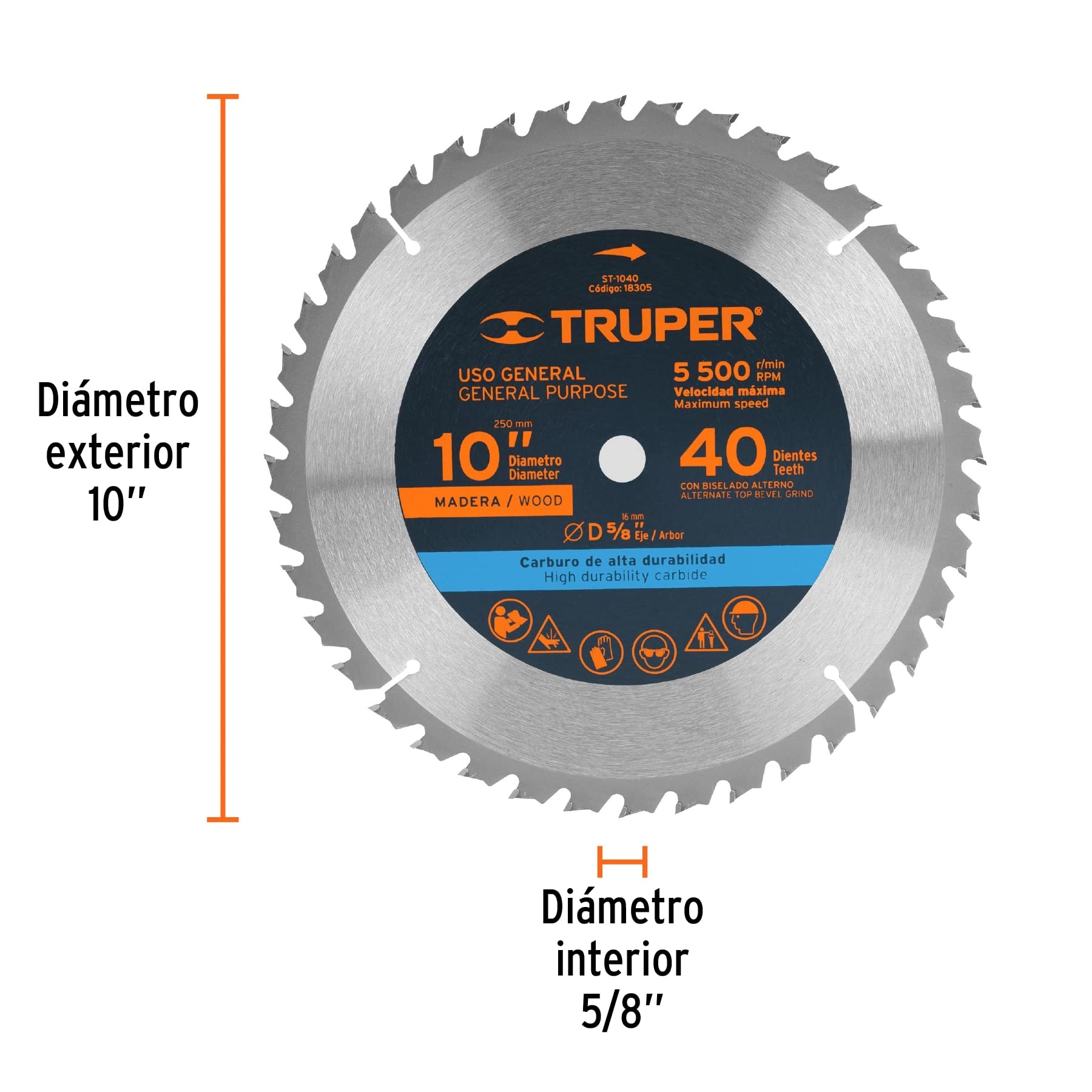 TRUPER ST-1040 10-Inch 40-Tooth Wood Cutting Saw Blade with 5/8-Inch Arbor - Perfect for Table Saws, Miter Saws & Circular Saws for Woodworking Projects