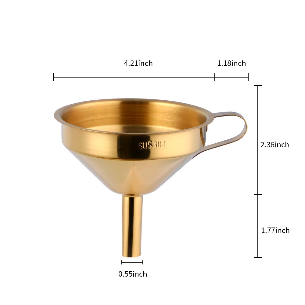 QIBORUN 5-Inch Stainless Steel Kitchen Funnel with Removable Strainer - Cooking Oil Filter Funnel, Liquid & Dry Ingredient Transfer Tool for Baking, Canning, Auto Oil Change (Gold)