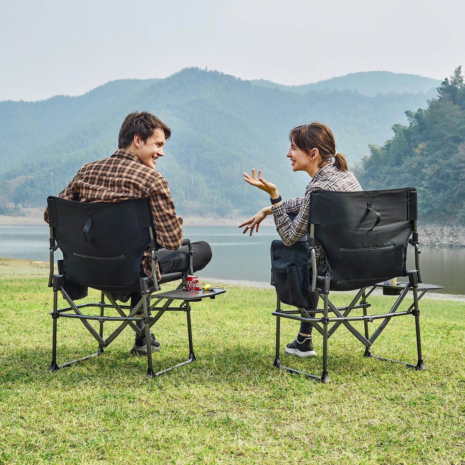 EVER ADVANCED Heavy Duty Folding Camping Chair with Side Table - Portable Compact Lawn Chair for Outdoor Camping, Fishing, Sports & Picnics - 400lbs Capacity Black - Perfect for Backyard, Beach & Tailgating