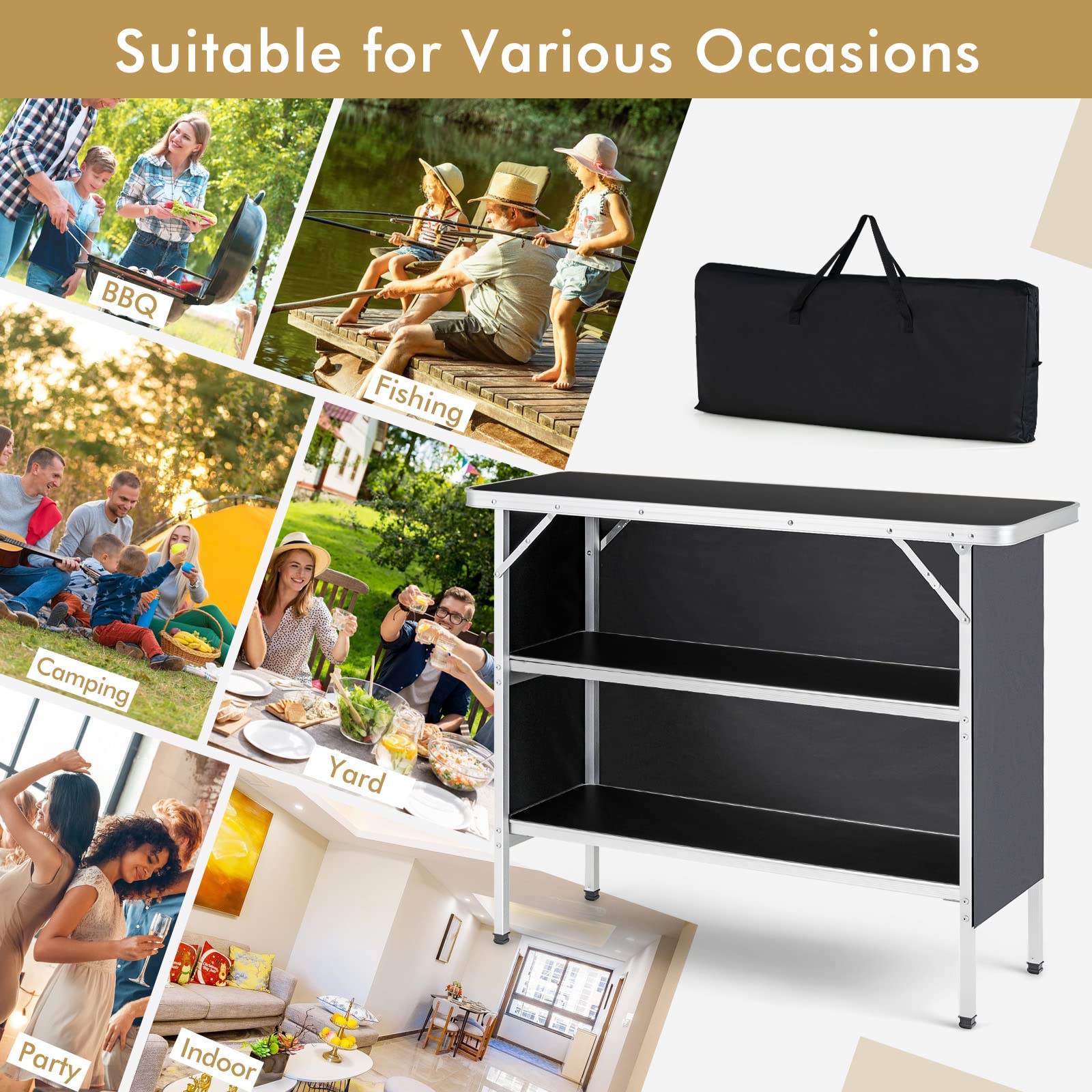 COSTWAY Folding Camping Table - Portable Aluminum Picnic Table with Carry Bag & 2 Shelves - Lightweight Outdoor Dining Table for BBQ, Party, Backyard, Beach, Tailgating & RV Camping (Black)