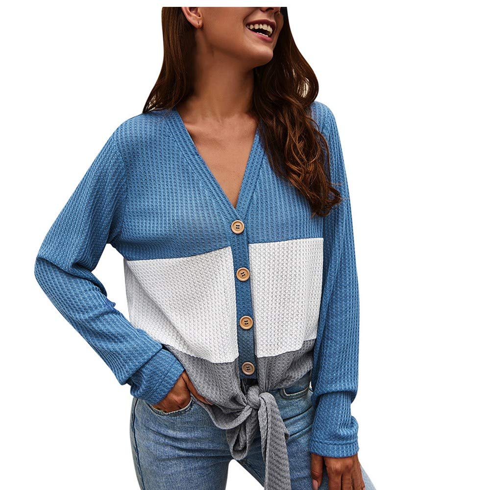 FarJing Women's Waffle Knit Tunic Blouse - Patchwork Knot Long Sleeve Henley Top with Triple Color Block Design | Casual Wear, Office Outfit & Fall Fashion T-Shirt