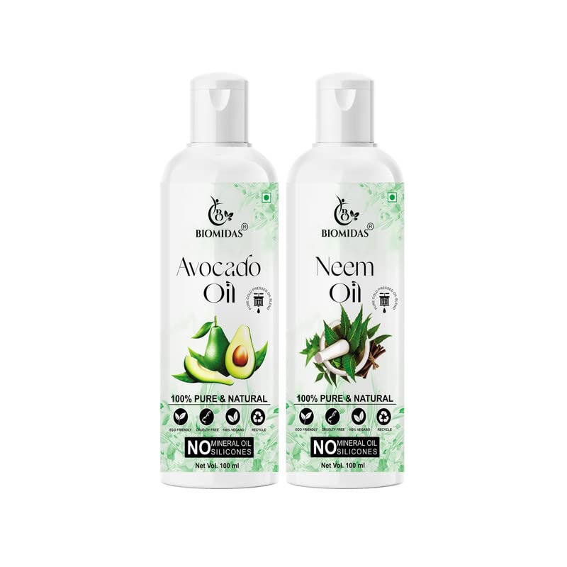 Biomidas 100% Pure Avocado Oil & Neem Oil Combo (100ML Each) for Hair Growth, Anti Hair Fall & Split Ends Treatment | Promotes Soft, Shiny Hair | Pack of 2 | Perfect for Daily Hair Care & Scalp Massage