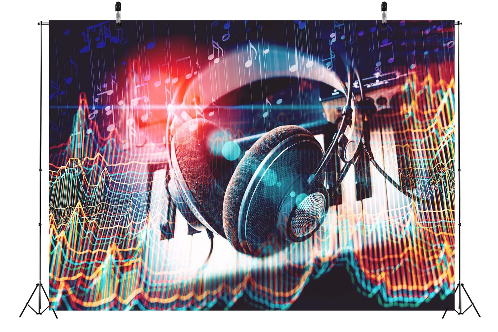 BELECO 9x6ft Music Notation Fabric Backdrop - Headphone & Music Symbols Design for Concert Parties, Dance Events, YouTube Studio, Photobooth & Wall Decor | Perfect for Music Lovers & Event Photography Backgrounds
