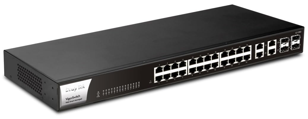 DrayTek VigorSwitch G1282 24-Port Gigabit Managed Network Switch with 4 SFP Uplink Ports, Rack Mountable, QoS, VLAN Support - Perfect for SOHO, Small Business & Office Networking Solutions