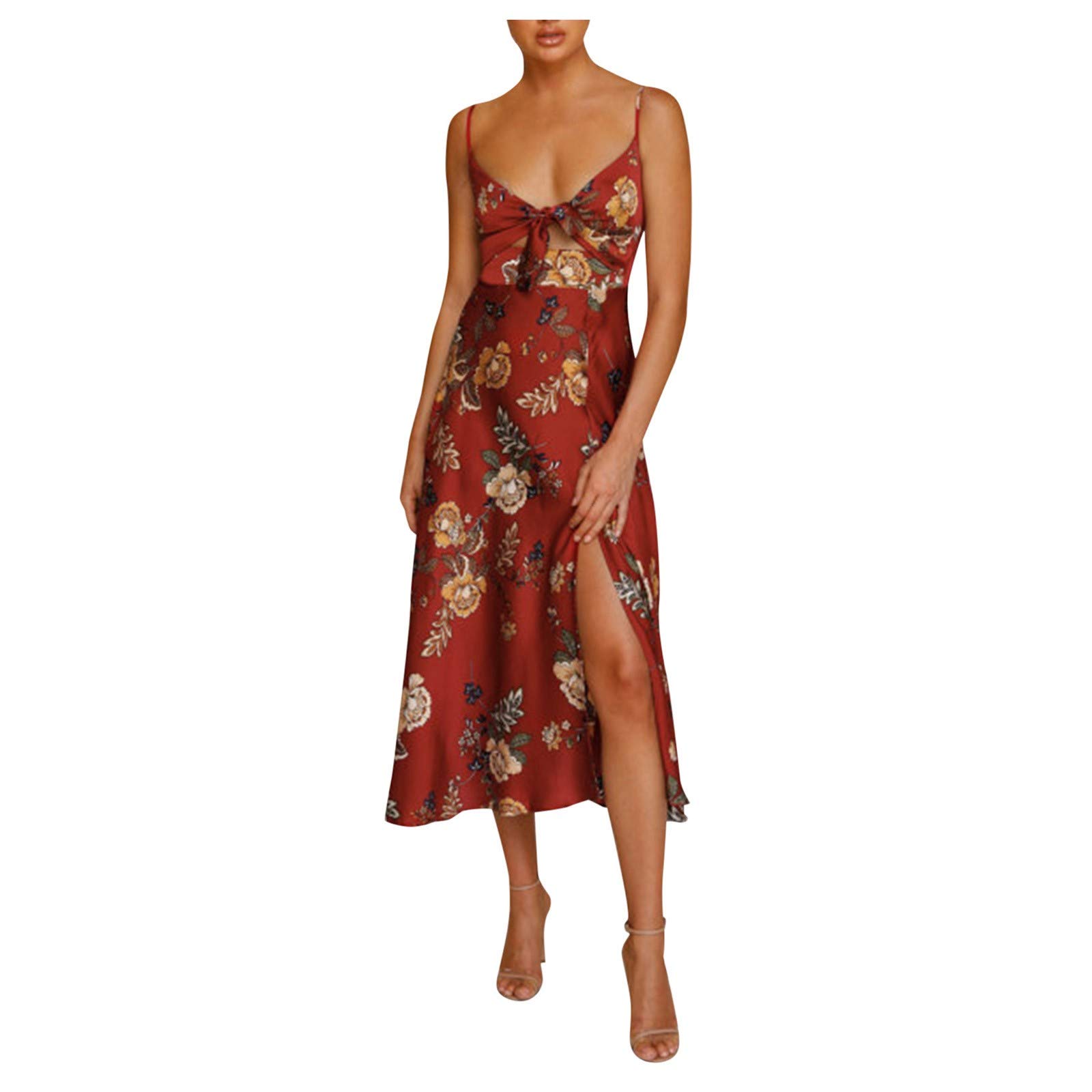 Women's Summer Casual Dress - V-Neck Spaghetti Strap Bow Tie Long Party Elegant Dress for Women | Perfect for Beach Vacations, Date Nights & Special Occasions