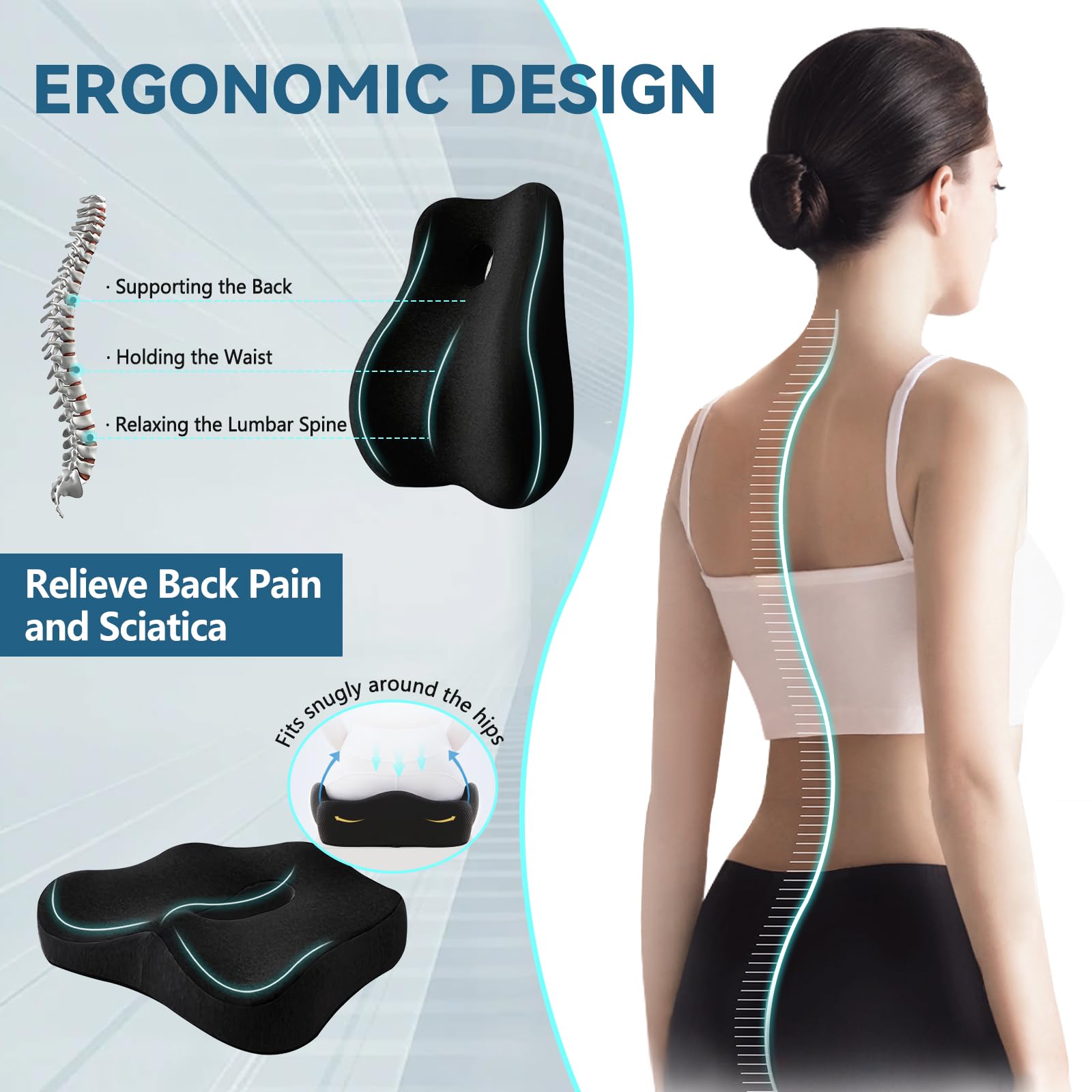 Ergonomic Seat Cushion & Lumbar Support Pillow Set - Memory Foam Office Chair Cushion for Sciatica Pain Relief, Gaming Chair & Travel Comfort - Perfect for Long Work Hours, Gaming Sessions & Car Rides (Black)