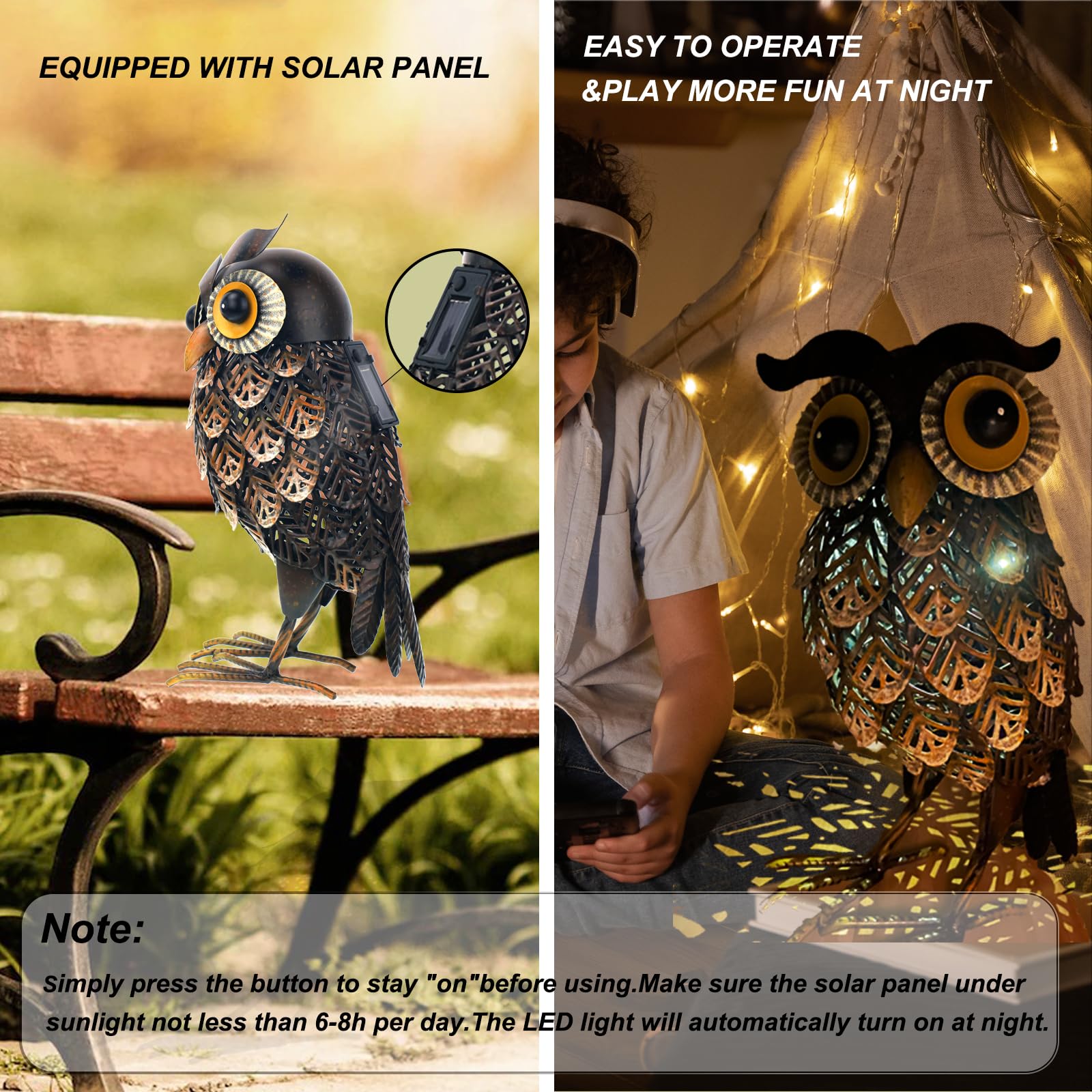 Solar LED Owl Garden Statue - Metal Outdoor Decor with Solar Lights for Patio, Lawn, Yard - Unique Gift for Home & Garden Decoration - Perfect for Nighttime Ambiance & Bird Lovers