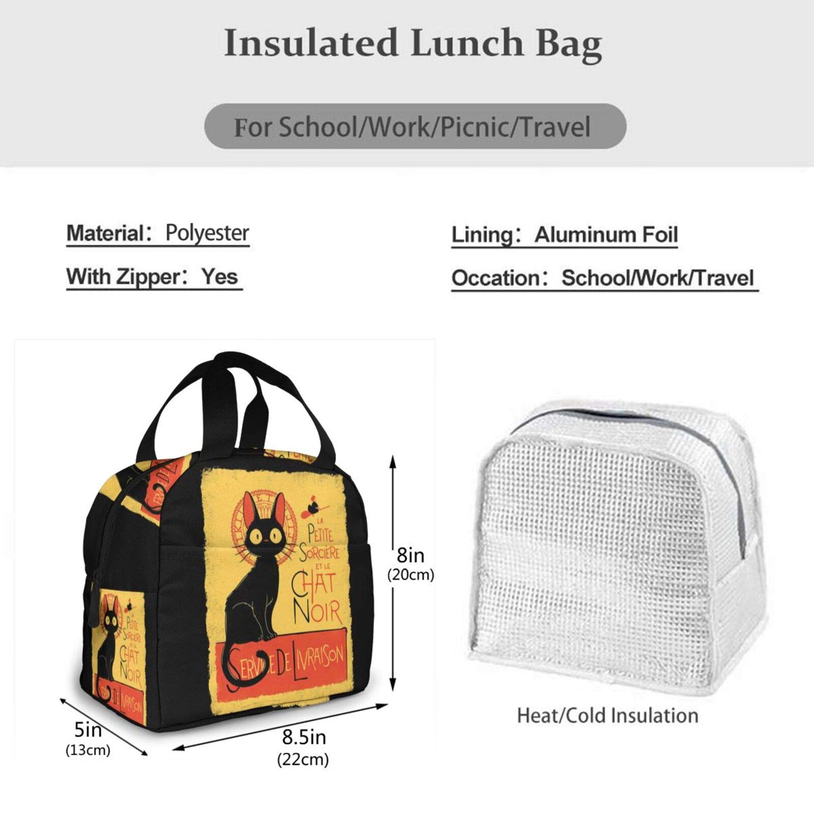 Kiki's Delivery Service Jiji Reusable Insulated Lunch Bag - Waterproof Thermal Cooler with Zipper for Women, Men & Kids - Perfect for Picnics, School & Work (Black, One Size)