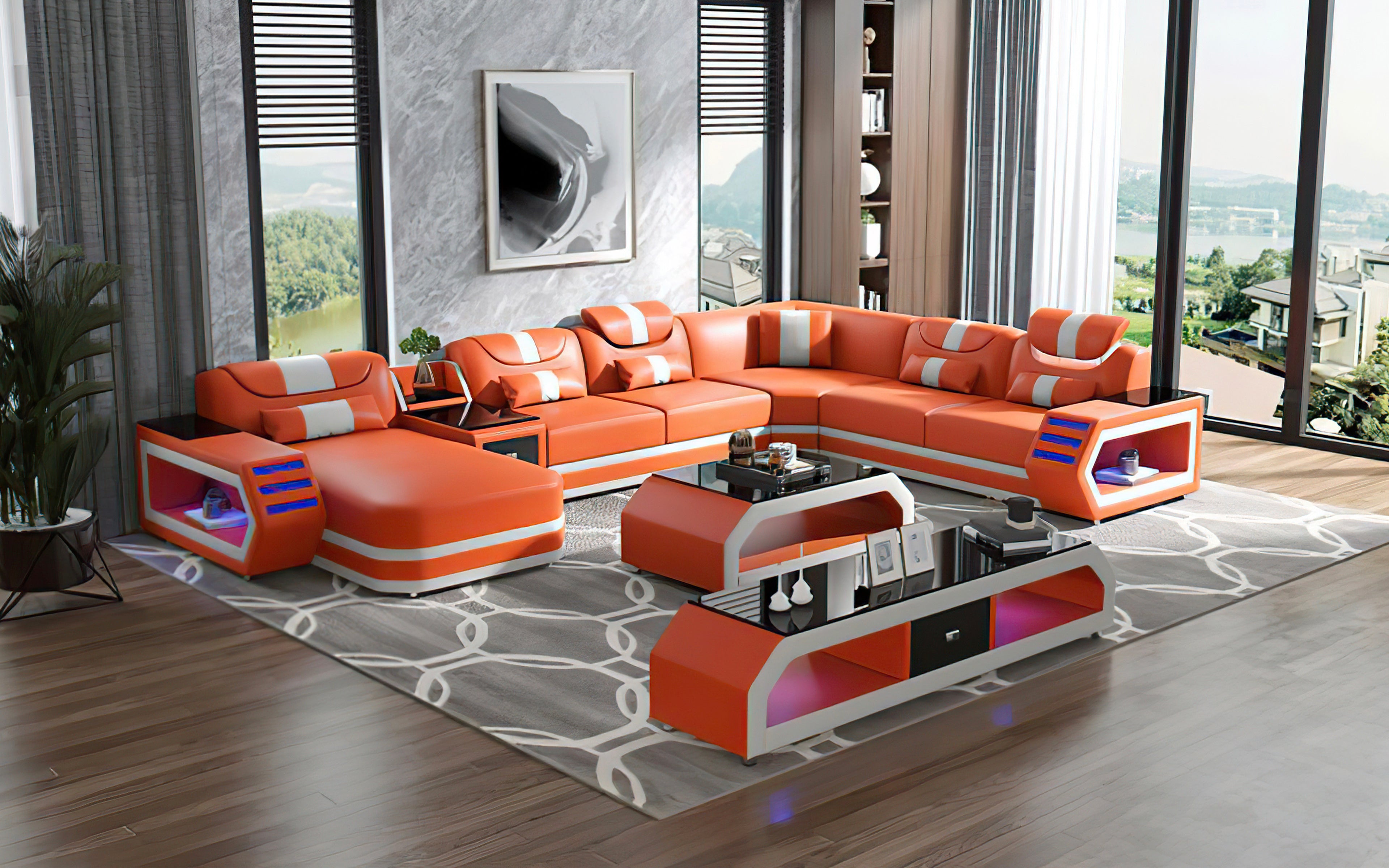 Modern Leather Sectional Sofa with Built-in LED Lighting - Stylish and Comfortable for Living Room, Lounge, or Home Theater