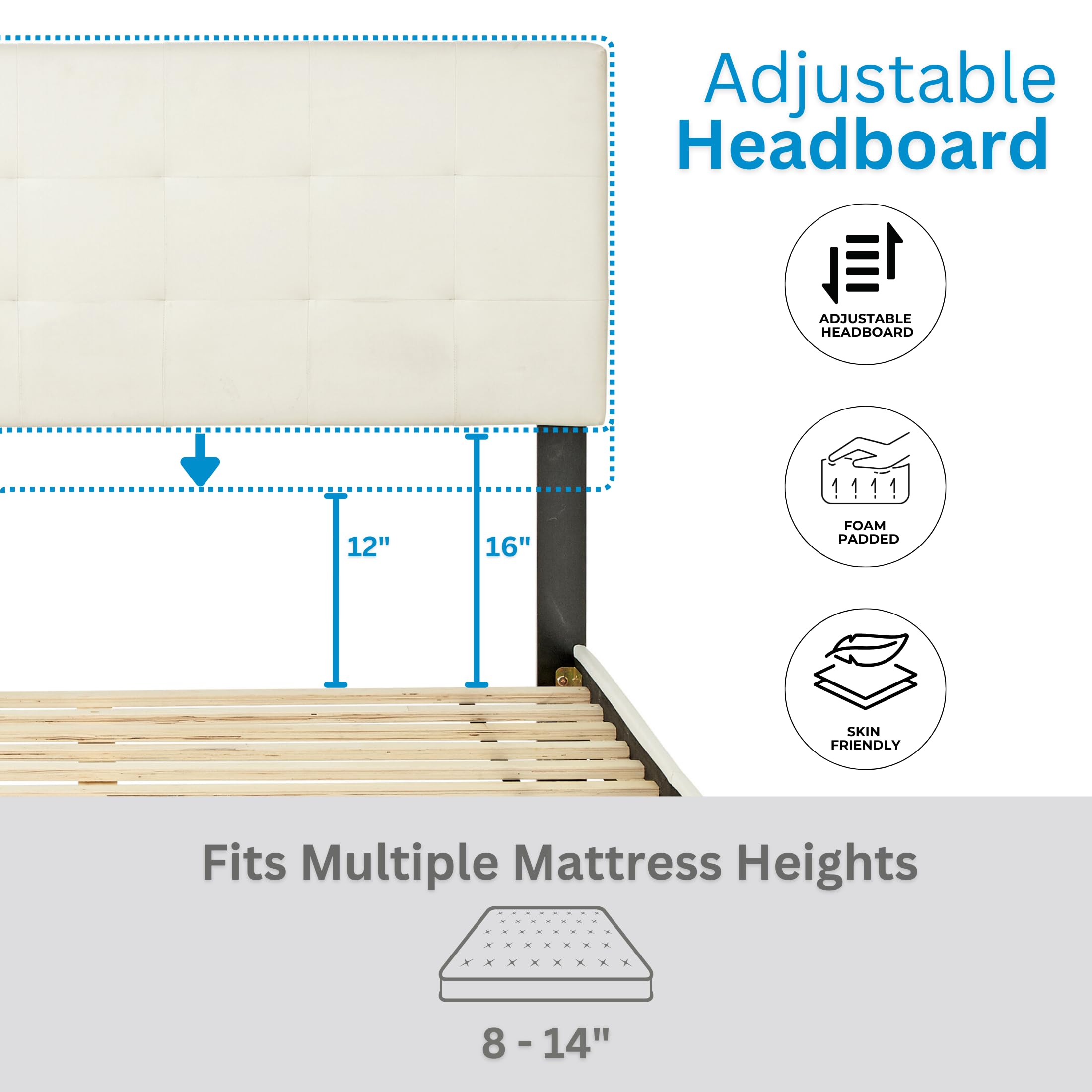 Boyd Sleep Roma White Vegan Leather Full Size Platform Bed Frame with Adjustable Headboard - No Box Spring Needed, Easy Assembly, Quiet & Sturdy Mattress Foundation | Modern Bedroom Furniture for Apartments, Guest Rooms & Master Suites
