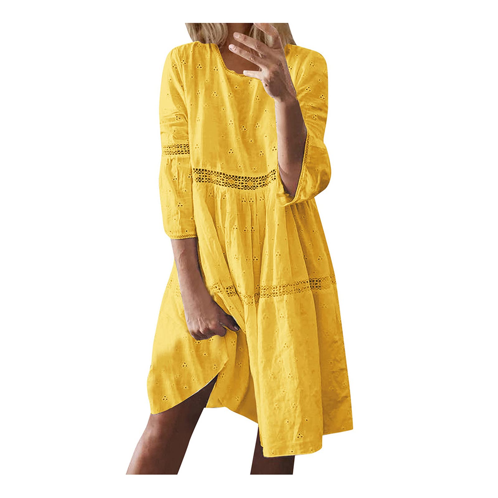 Mebamook Women's Summer Boho Dress - Solid Color Hollow Out Sleeve Casual Midi Dress for Beach, Vacation & Everyday Wear