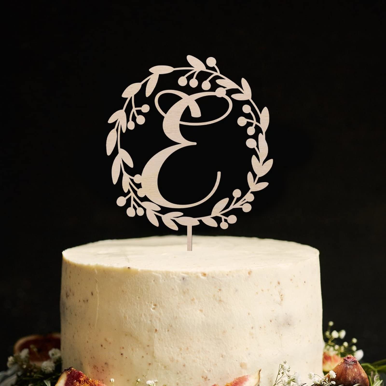 Personalized Wooden Monogram Cake Topper - Rustic Letter E Wreath Design for Wedding, Birthday & Anniversary Cakes - Handmade Cake Decoration (Design 11) | Perfect for Rustic Weddings, Birthday Celebrations & Special Occasions