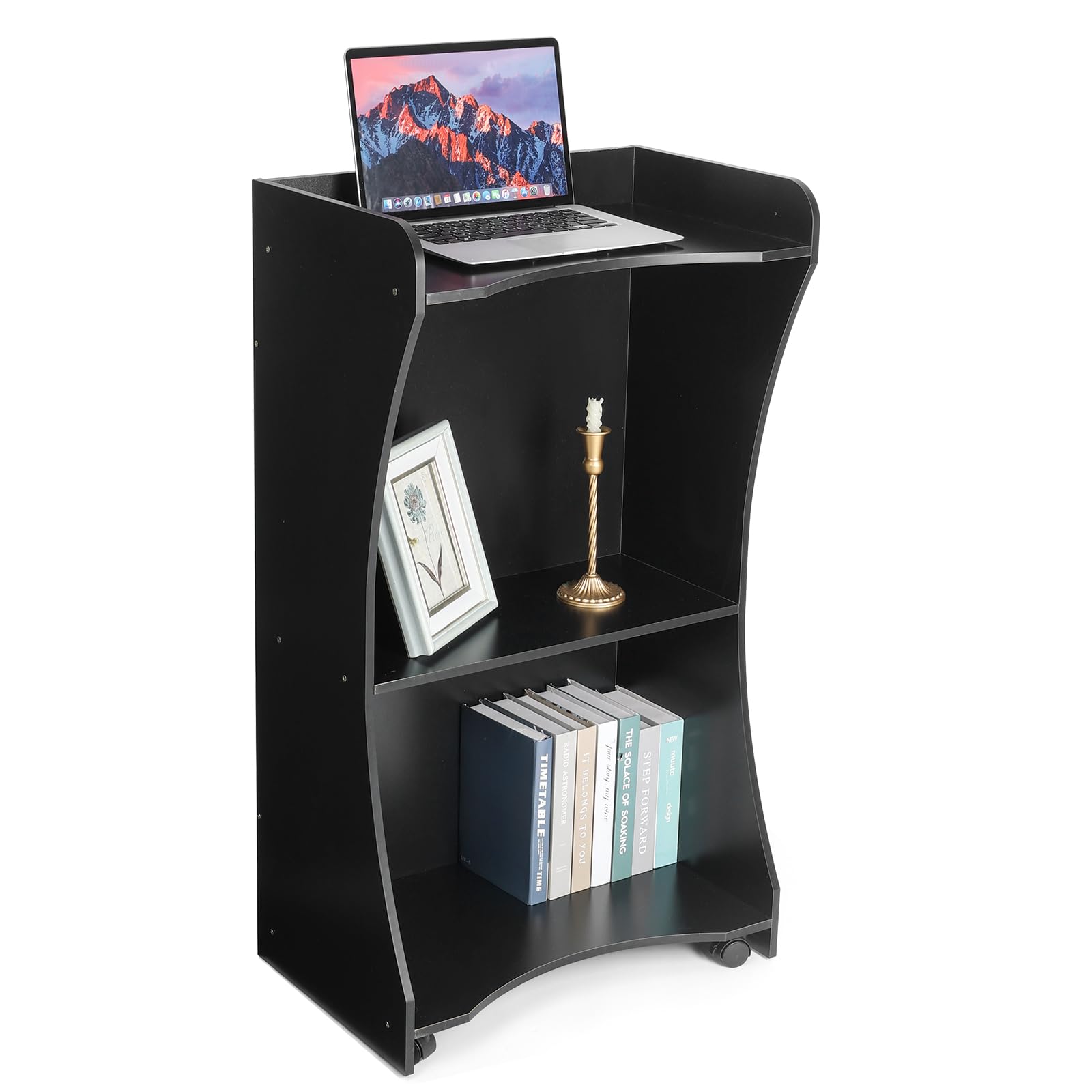 Mobile Wooden Podium Stand with Wheels - Adjustable Black Lectern for Church Pulpits, Reception Desks, Lectures & Cash Registers | Perfect for Public Speaking, Events & Retail Counters