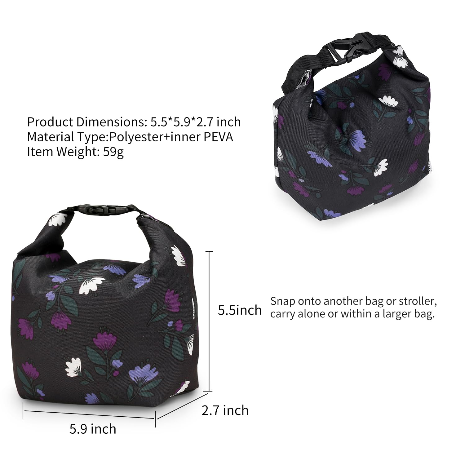 MOV COMPRA Insulated Snack Bag - Reusable Leakproof Lunch Bag for Women, Sandwich & Food Storage Container, Perfect for Work, School, Picnic & Travel (Small, Purple Flower)