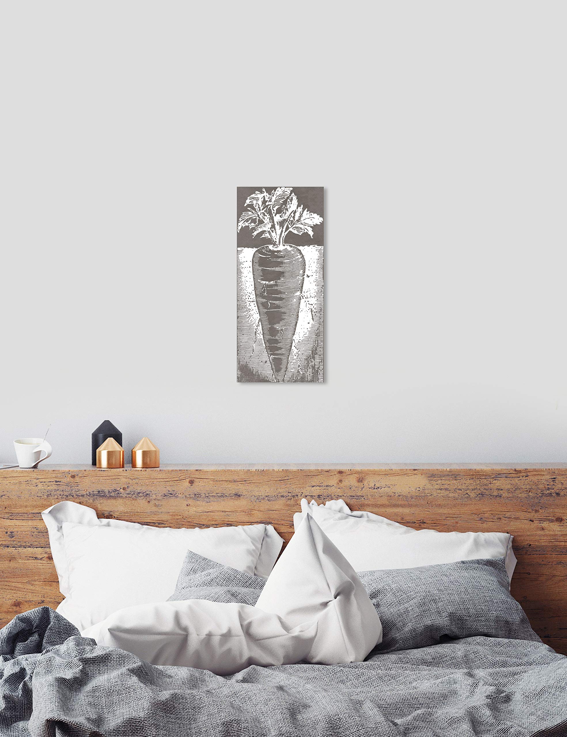 Oliver Gal Artist Co. 'Carrot Woodblock' Kitchen Wall Art - 16x36 Inch Gray & White Canvas Print for Home Decor | Perfect for Farmhouse, Modern & Rustic Kitchens