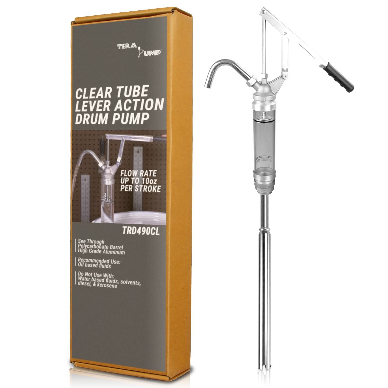 Heavy Duty TERA PUMP TRD490CL 15-55 Gallon Oil Transfer Pump with Clear Polycarbonate Barrel (10oz per Stroke) - Ideal for Motor Oil, Heating Oil, Diesel & Lubricants - Perfect for Auto Shops, Farms & Industrial Use