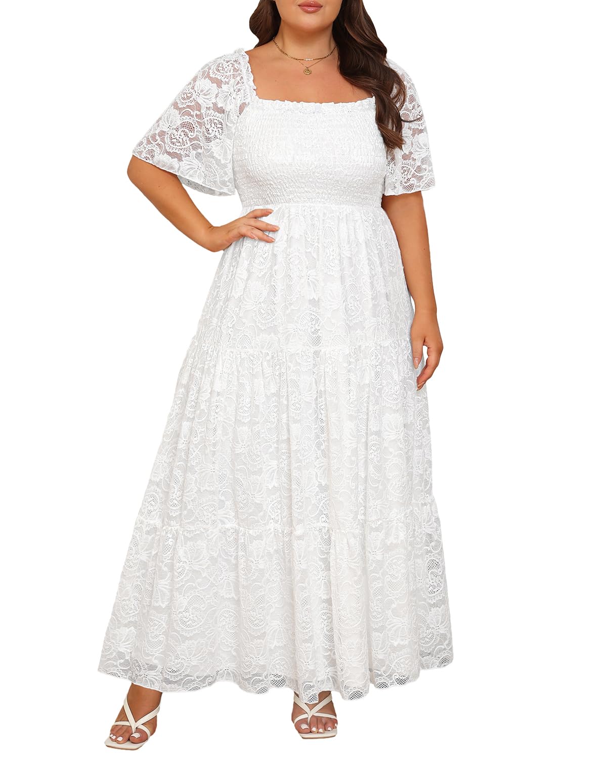 Plus Size Wedding Dress for Women - Boho Lace Formal Gown with Square Neck & Ruffle Sleeves | Elegant Curvy Bridal Gown for Beach, Garden & Vintage Weddings