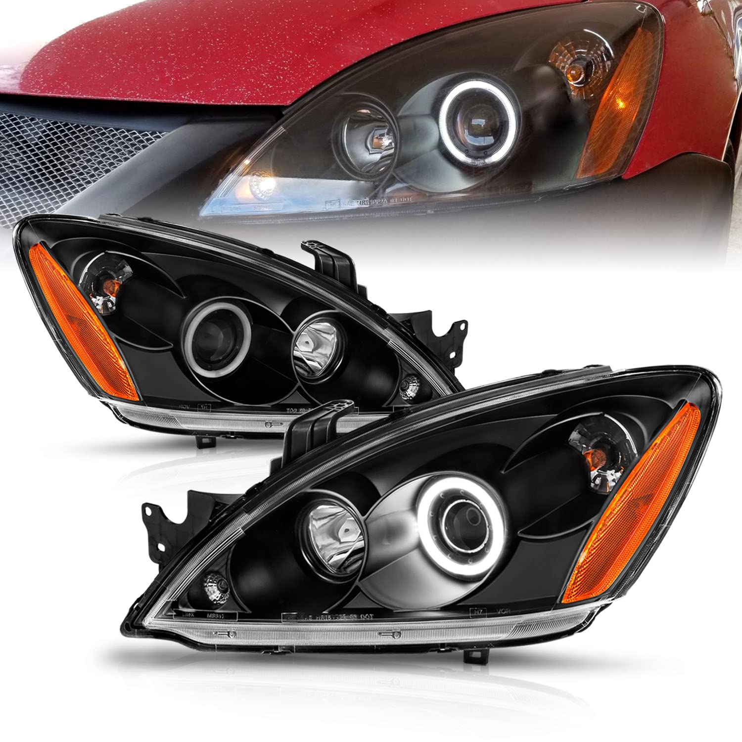 AmeriLite Black Xtreme LED Halo Projector Headlights Replacement Set - Compatible with Mitsubishi Lancer (Passenger & Driver Side) | High-Performance Lighting Upgrade for Night Driving & Enhanced Visibility