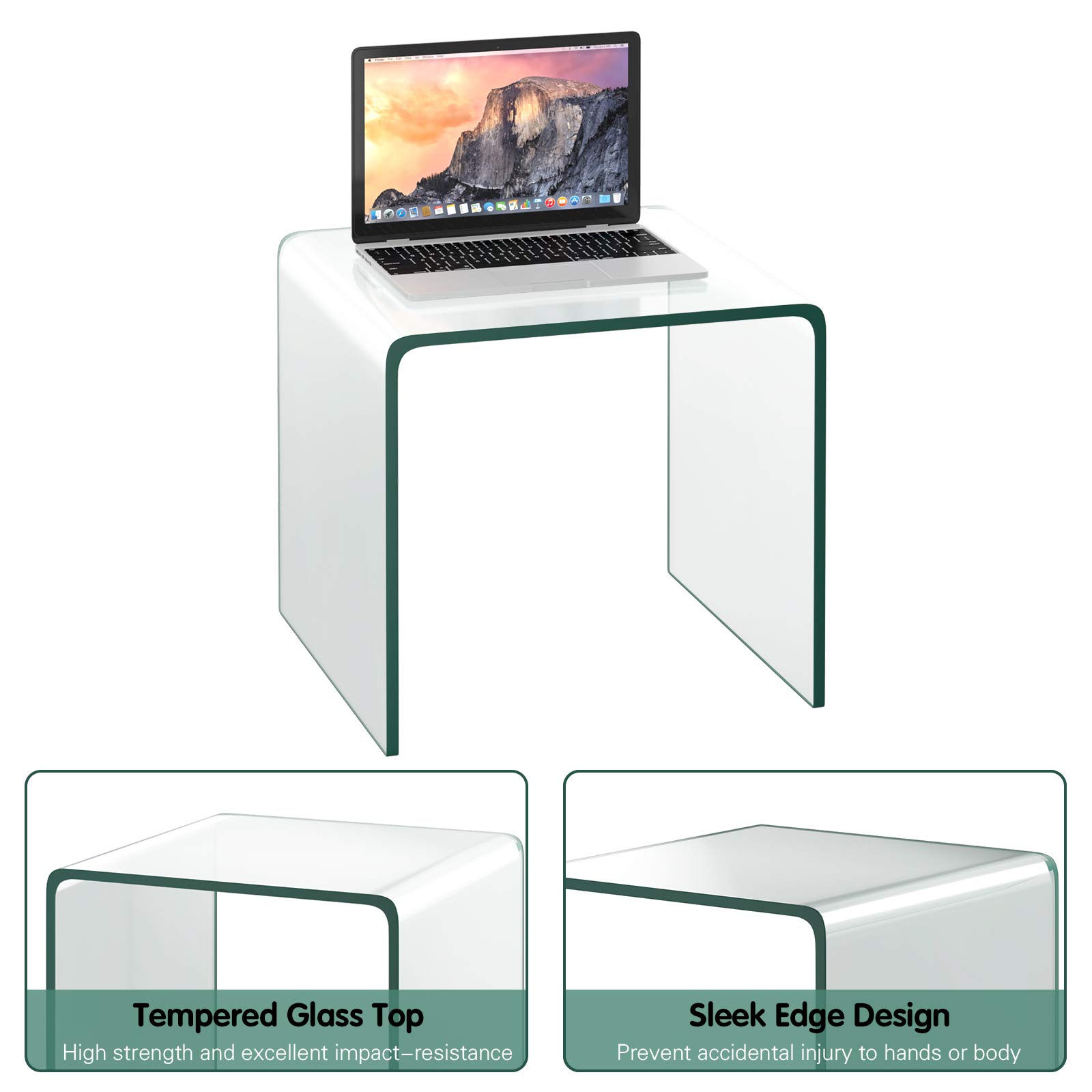 KOTEK Tempered Glass End Table - Clear Small Coffee Table with Smooth Edge & Non-Slip Pads, Transparent Accent Table for Living Room, Bedroom, Office - Perfect for Holding Drinks, Books & Decor