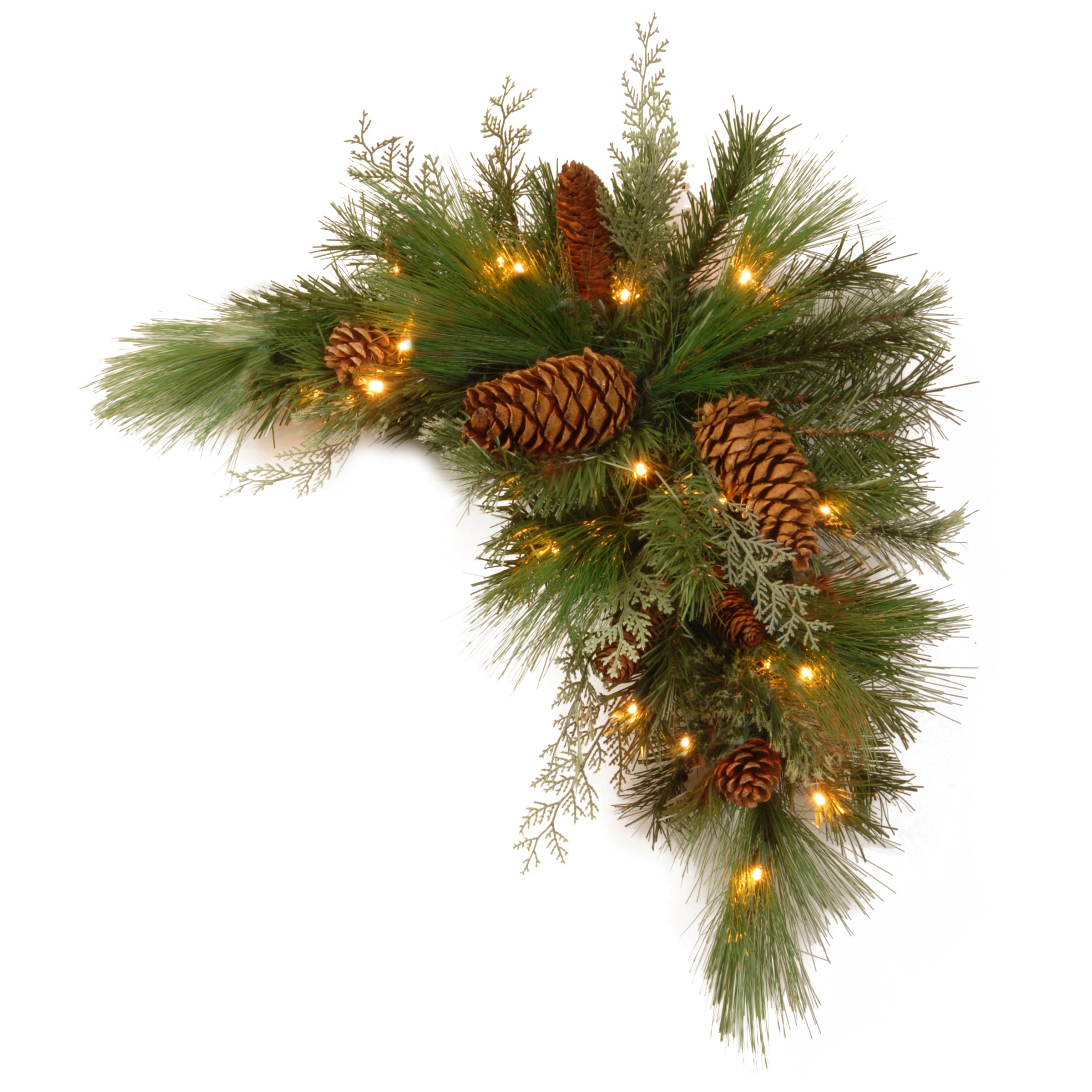 30 Inch Pre-Lit White Pine Corner Swag with Warm White LED Lights - Perfect for Christmas Mantel, Fireplace, and Holiday Home Decor