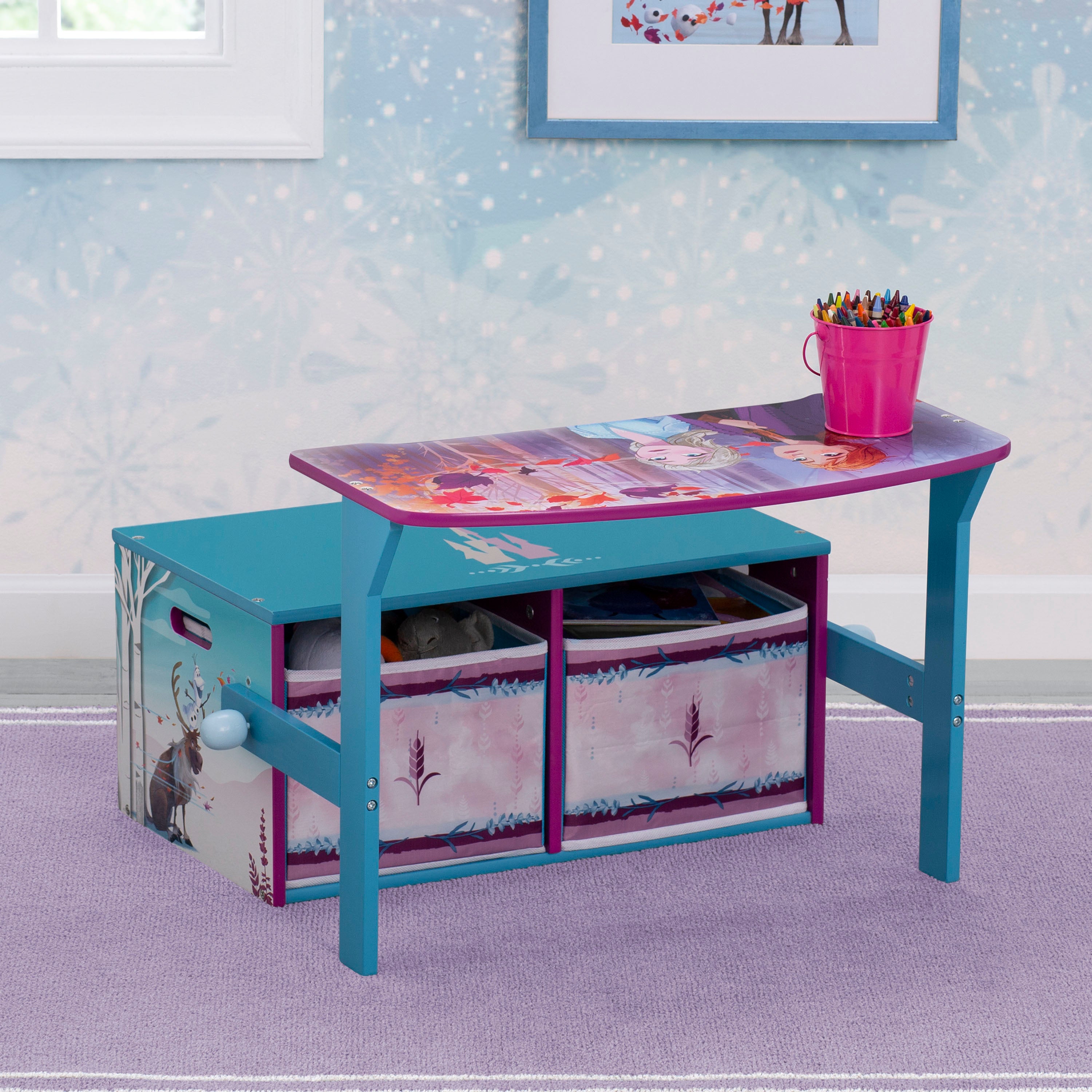 Frozen II Convertible Activity Bench for Kids - Multifunctional Toy Storage & Play Table - Perfect for Bedroom, Playroom & Nursery - Disney Frozen Themed Furniture