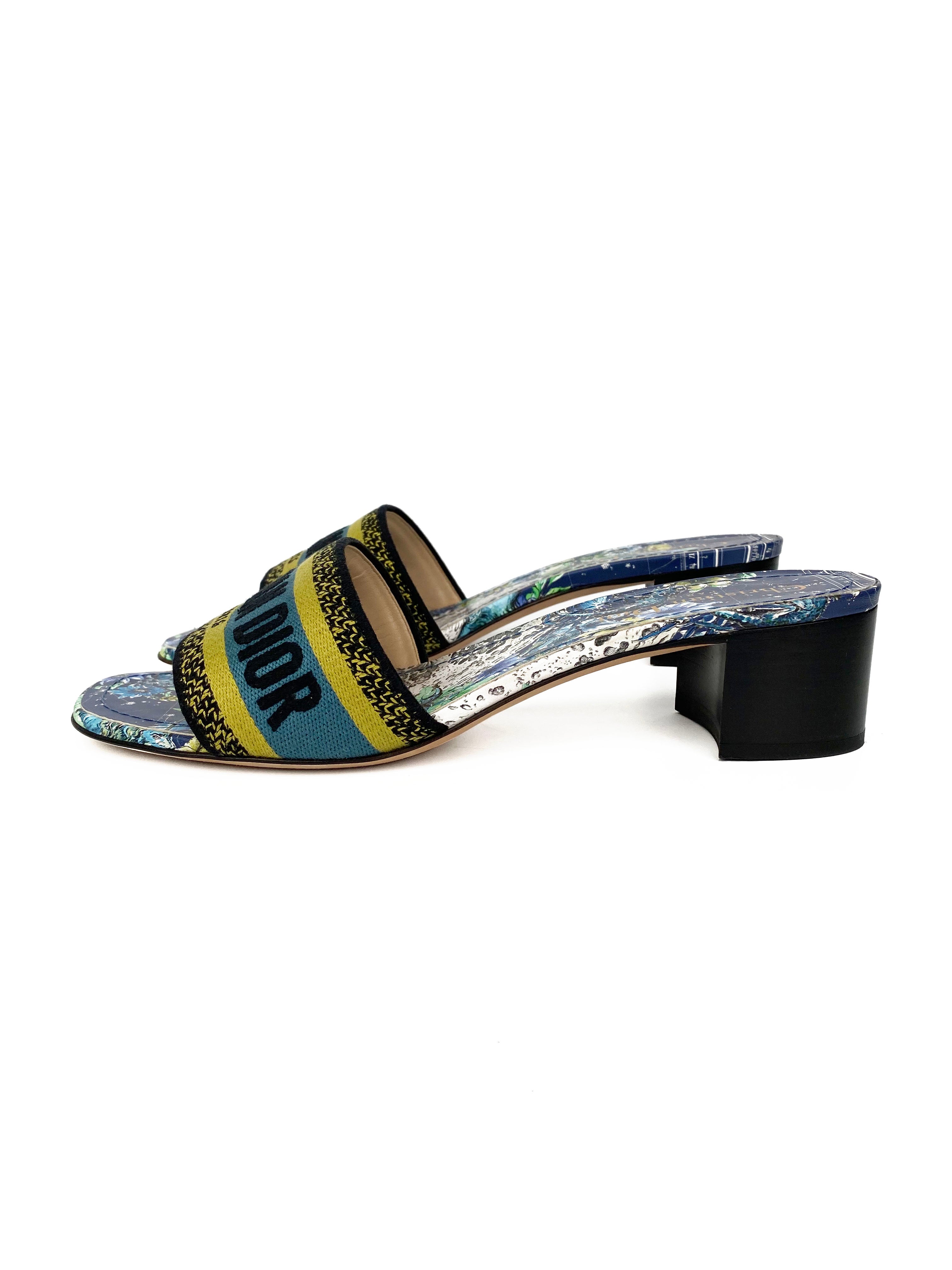 Dior Blue & Green Dway Heeled Slides Size 39 | Luxury Designer Sandals for Women | Perfect for Summer Outings, Beach Vacations & Special Occasions