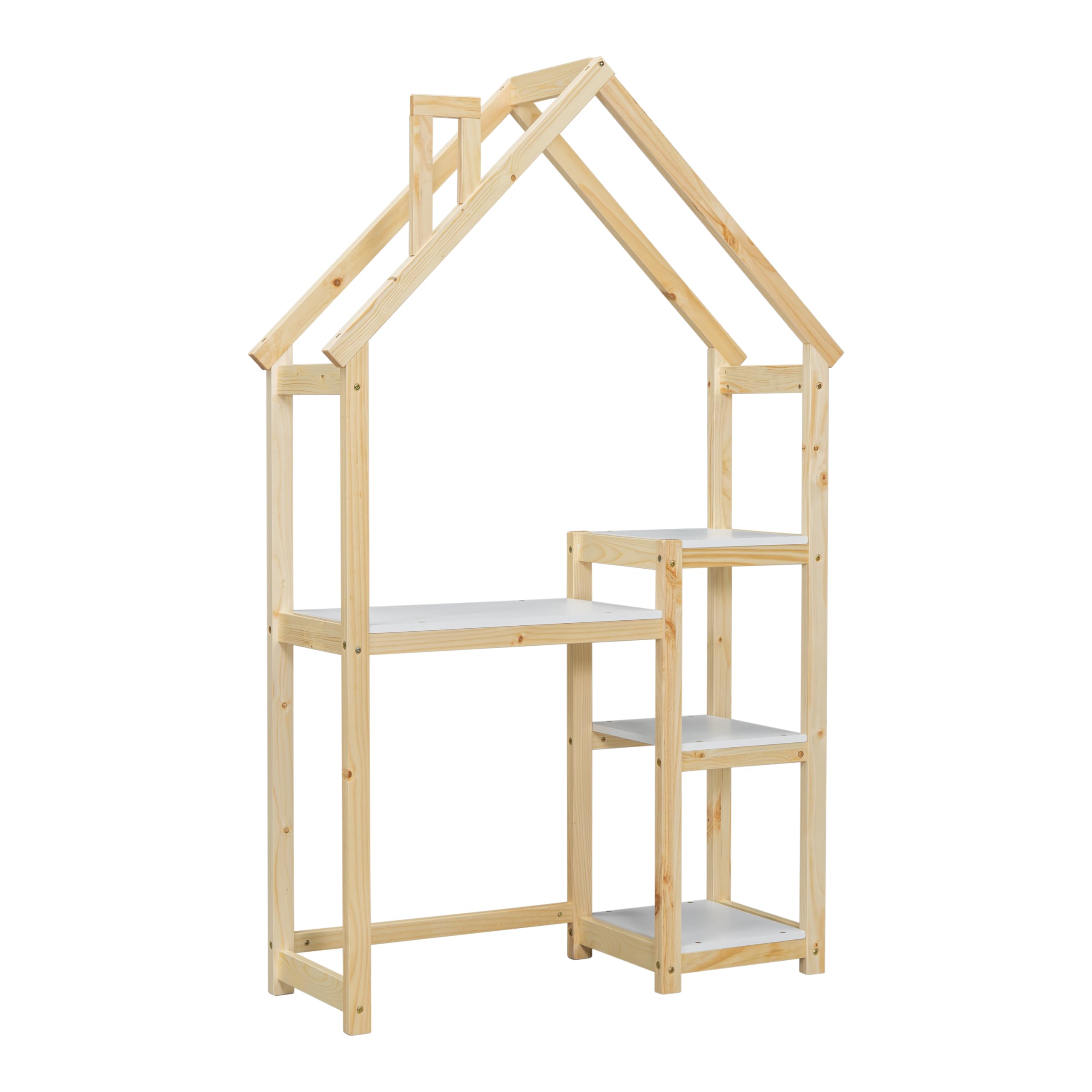 Kids Wooden House-Shaped Writing Desk - Multi-Functional Study Table with 3-Tier Storage Shelves, Open Bookshelf & Toy Organizer - Natural Wood Playroom Furniture for Homework, Crafts & Pretend Play