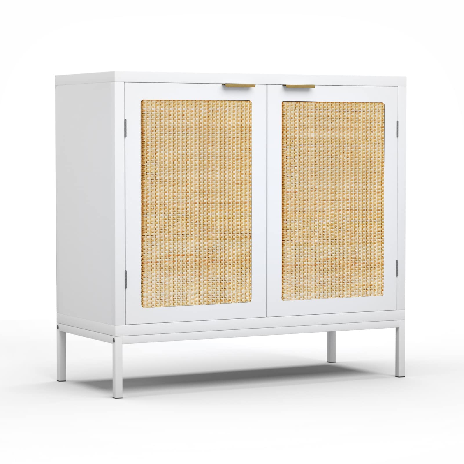 Anmytek White Rattan Sideboard Buffet Cabinet with 2 Decorated Doors & Fixed Shelf - Spacious Storage Furniture for Living Room, Hallway, Entryway & Dining Room - Perfect for Home Organization & Stylish Decor | H0012