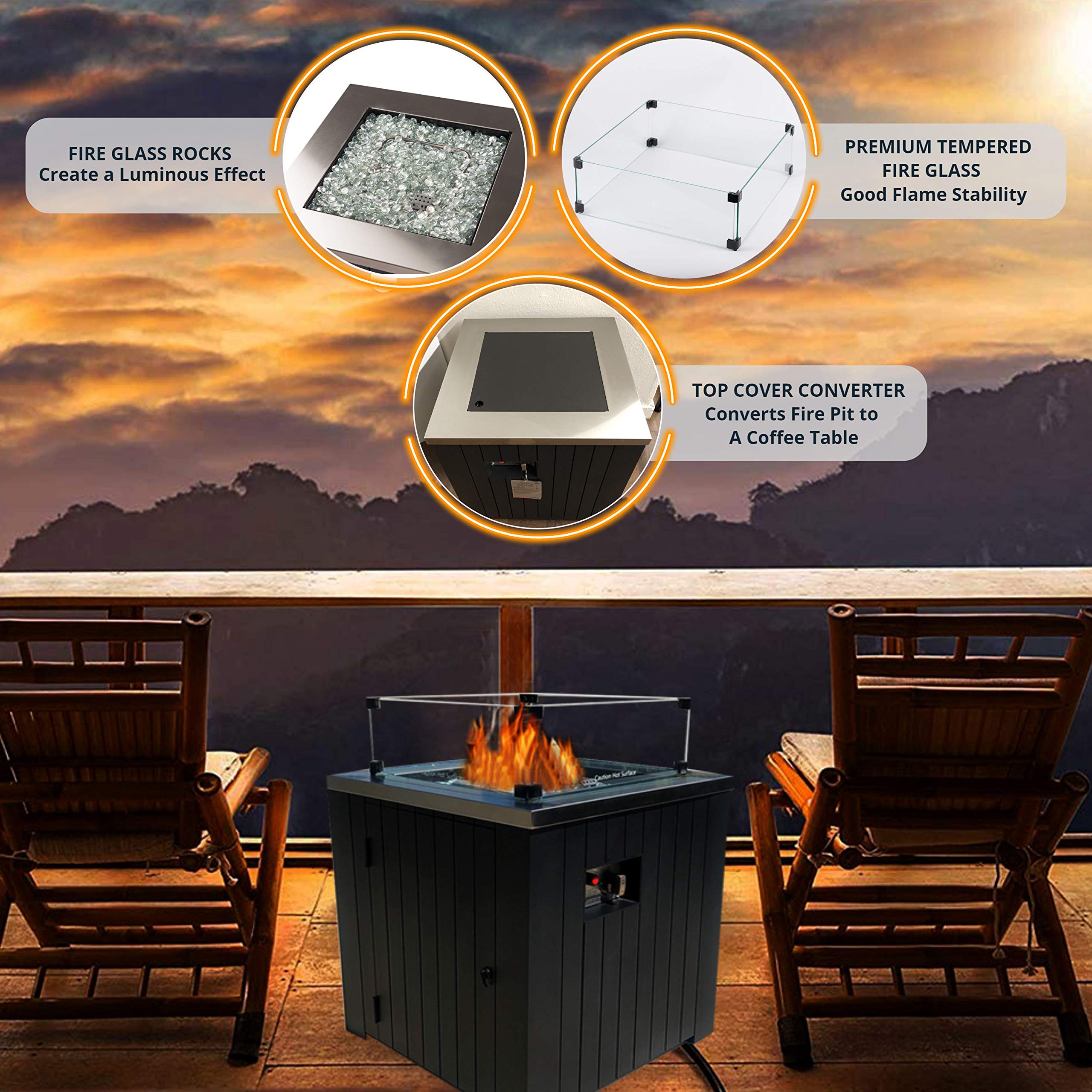 19-Inch Wind Guard Glass Panel for Square Outdoor Propane Fire Pit Table - Durable Heat-Resistant Protection for Patio, Deck, and Backyard Gatherings