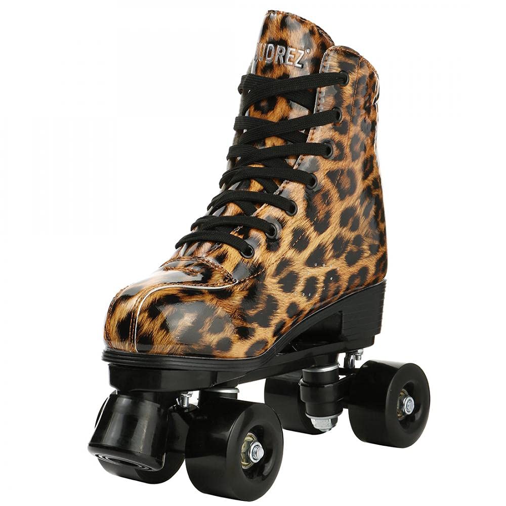 Women's Leopard Print PU Leather High-Top Roller Skates - Comfortable & Stylish Beginner Quad Skates for Indoor/Outdoor Use with Free Shoe Bag | Perfect for Rink Skating, Fitness, and Outdoor Recreation