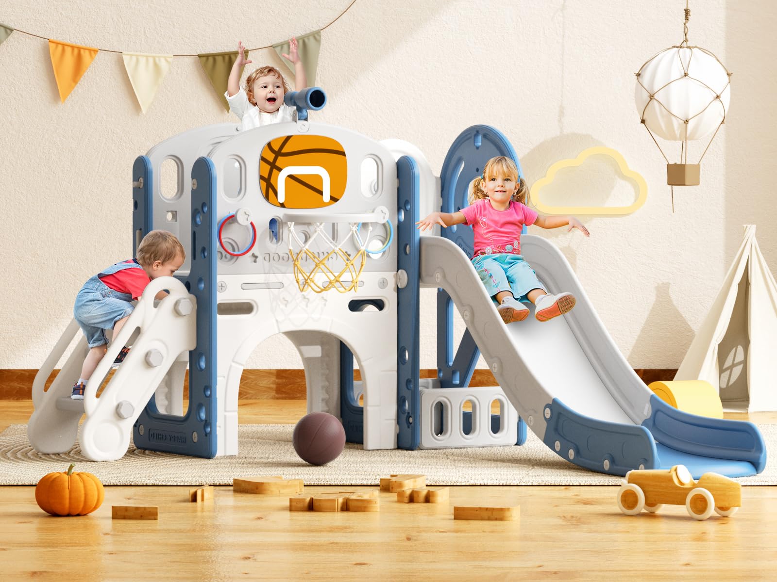 YUFU 9-in-1 Toddler Slide for Kids Ages 1-3 - Indoor & Outdoor Playground Set with Basketball Hoop & Ball - Blue & Gray - Perfect for Backyard, Playroom & Daycare Activities