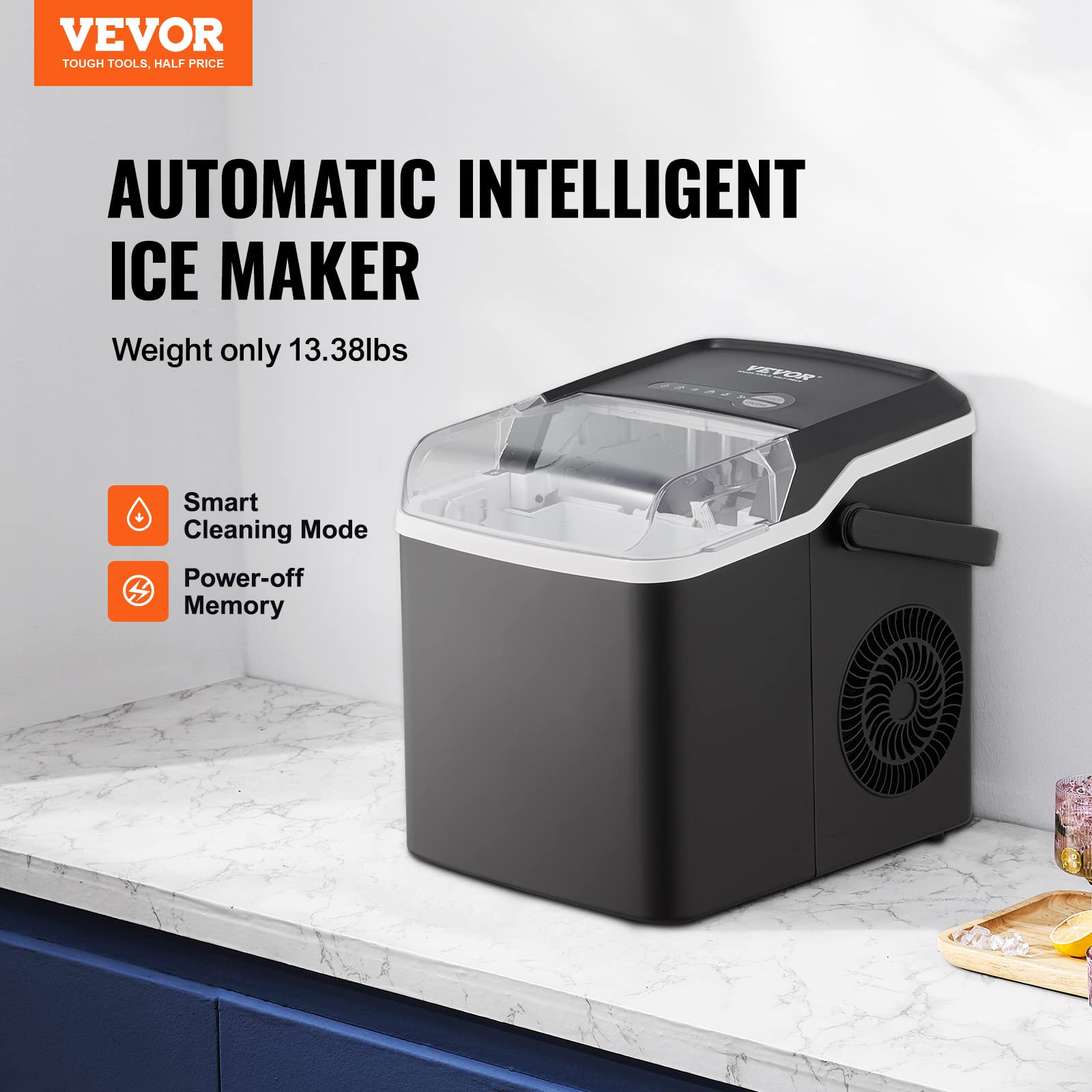 VEVOR Countertop Ice Maker Machine - 26lbs/24H, 9 Ice Cubes in 7 Mins, Self-Cleaning Portable Ice Machine with Scoop & Basket for Home, Kitchen, Office, Camping, RV & Outdoor Use