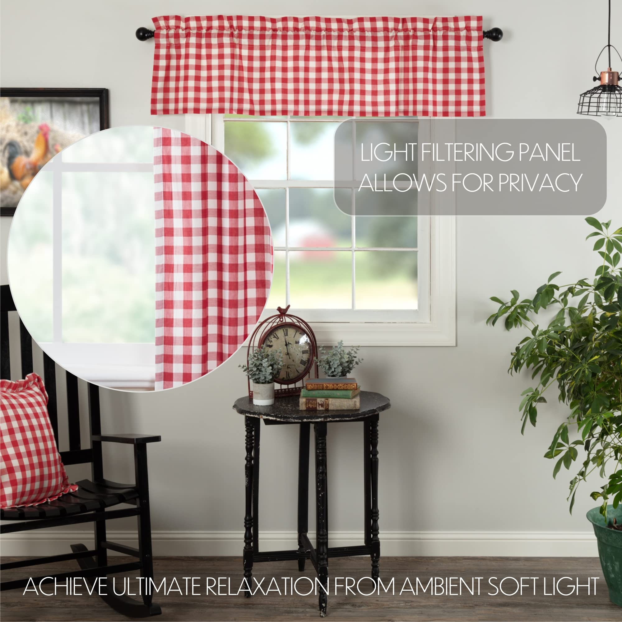 Farmhouse Red Buffalo Check Cotton Kitchen Curtains - 16x60 Inch Rod Pocket Valance with Hanging Loops - Perfect for Country Style Windows, Dining Room & Cozy Home Decor