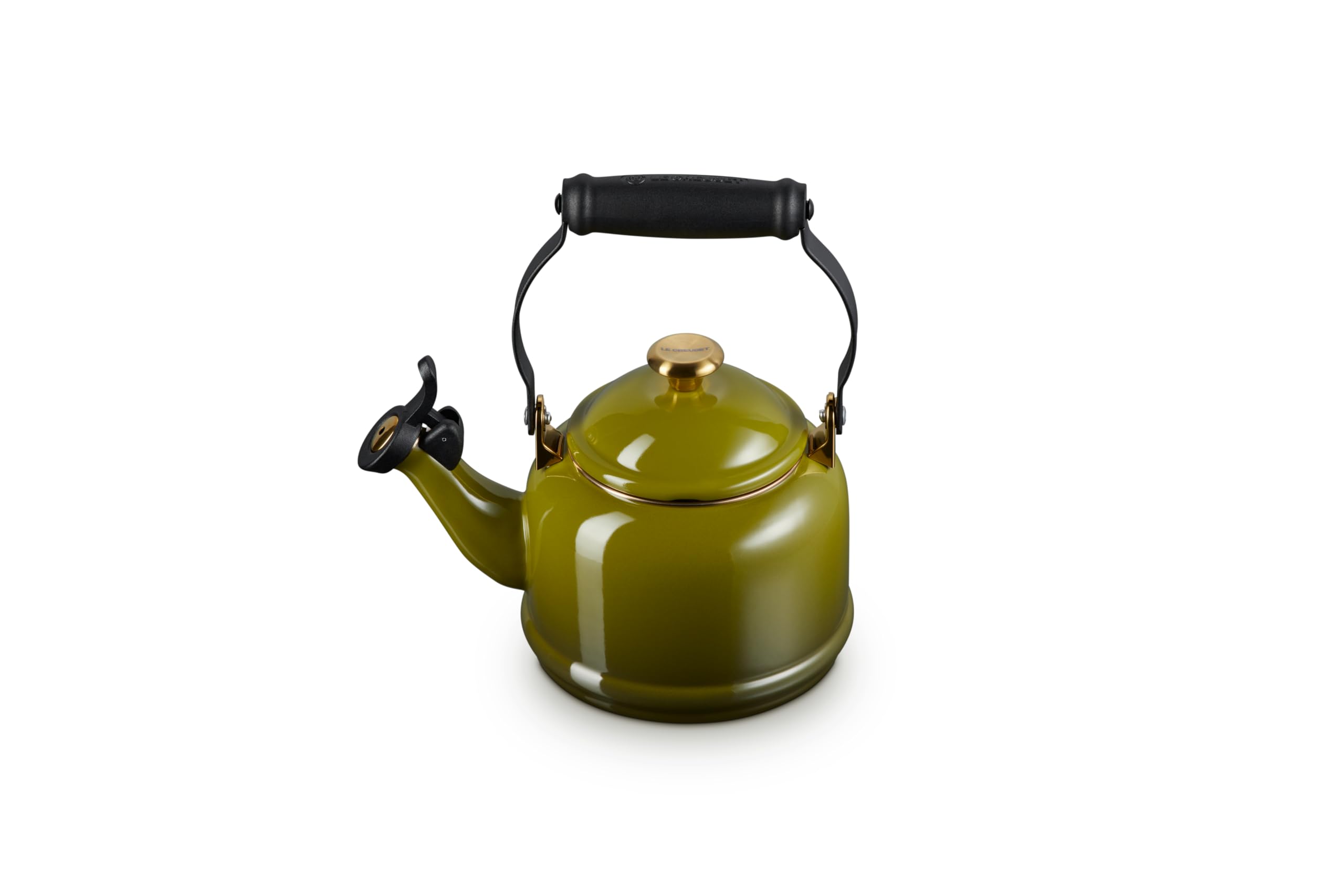 Le Creuset Enameled Steel 1.25 QT Demi Tea Kettle with Gold Finishes - Olive Green Stovetop Kettle for Tea, Coffee & Hot Water - Perfect for Kitchen, Office & Outdoor Use