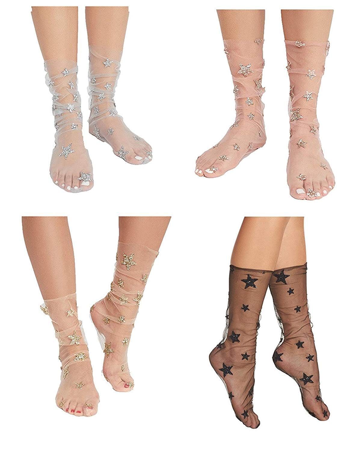 Ulalaza 4 Pairs Women's Glitter Lace Ankle Socks - Star Pattern Sheer Dress Socks for Women & Girls | Perfect for Parties, Weddings & Everyday Fashion