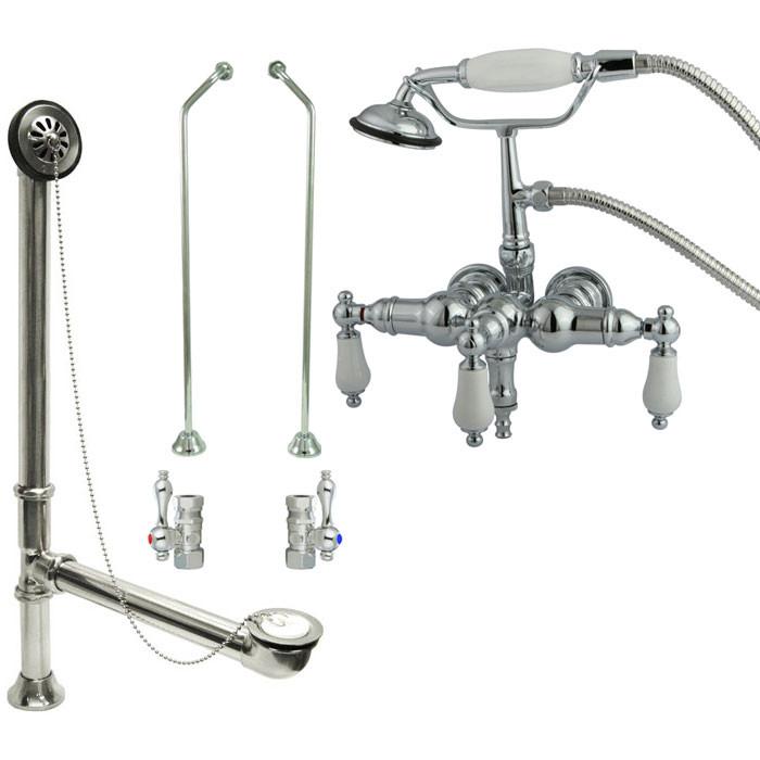 Chrome Wall Mount Clawfoot Tub Faucet with Hand Shower and Drain Supplies - CC24T1 System | Perfect for Vintage Bathroom Renovation and Luxury Bathtub Installation