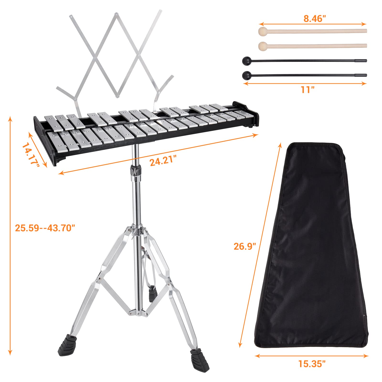 32-Key Aluminum Glockenspiel Xylophone with Adjustable Height Stand - Professional Bell Kit for Adults | Includes Music Stand, Mallets & Carrying Bag | Perfect for Music Class, Band Practice & Home Entertainment