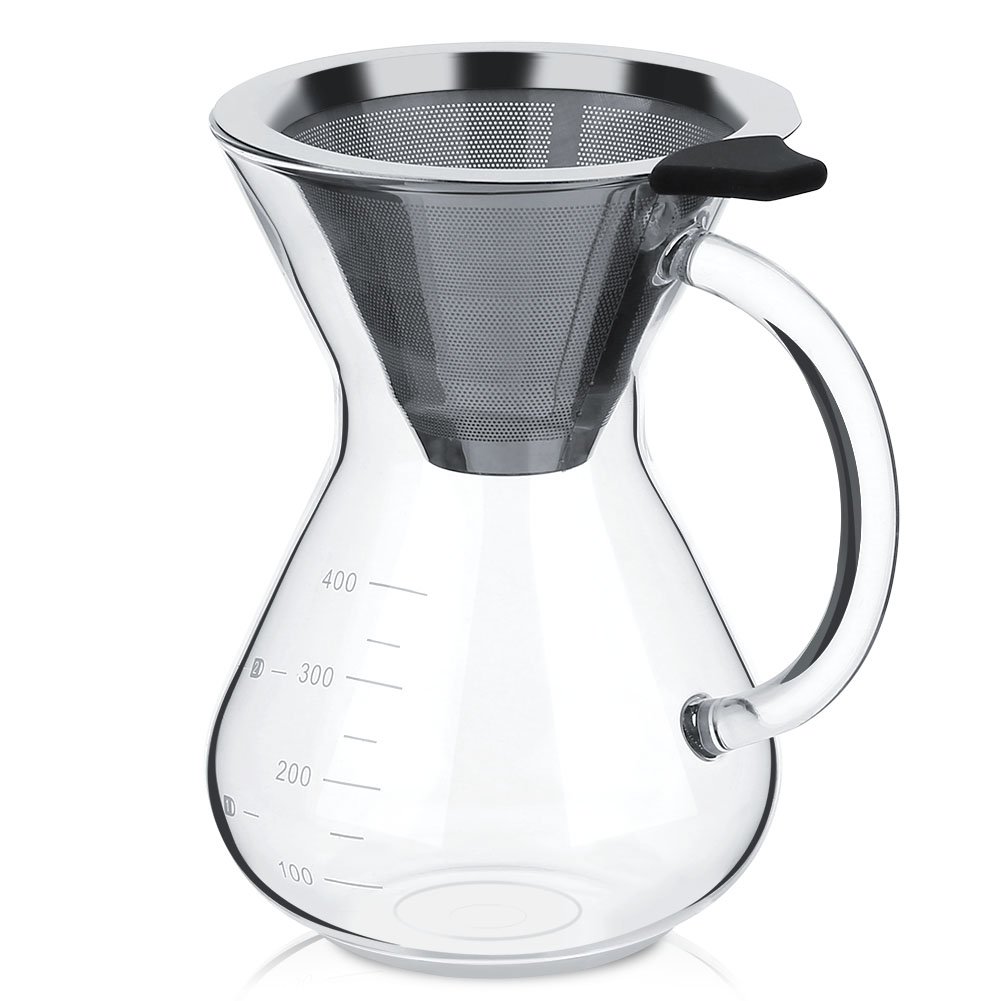 Premium 400ml Glass Pour Over Coffee Maker with Reusable Filter - Hand Drip Coffee Pot with Measuring Scale - Ideal for Home, Office & Camping Use