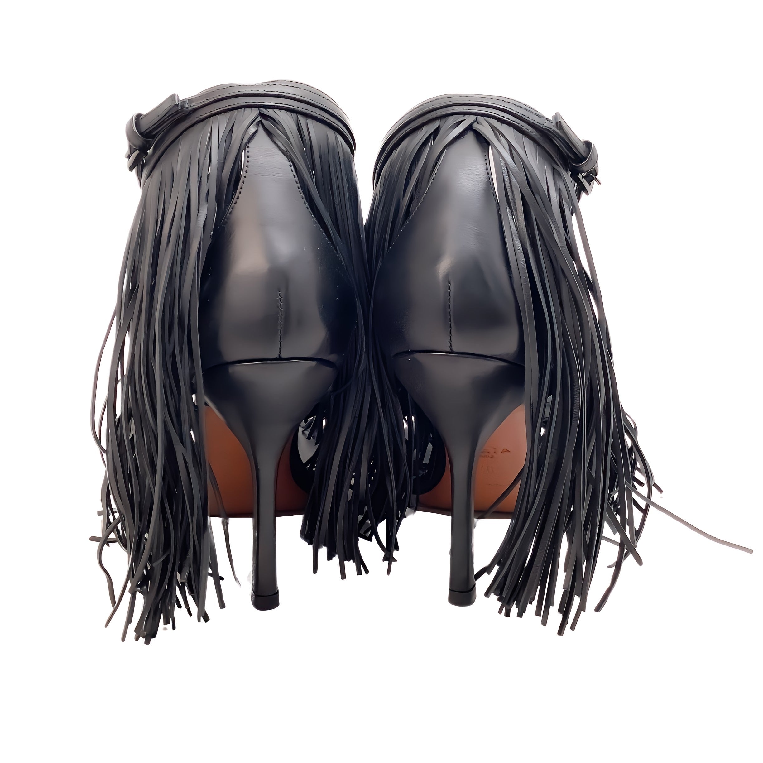 Alaia Black Leather Maxi Fringe Sandals with Ankle Strap - Women's Luxury High Heel Dress Shoes for Evening Parties & Weddings
