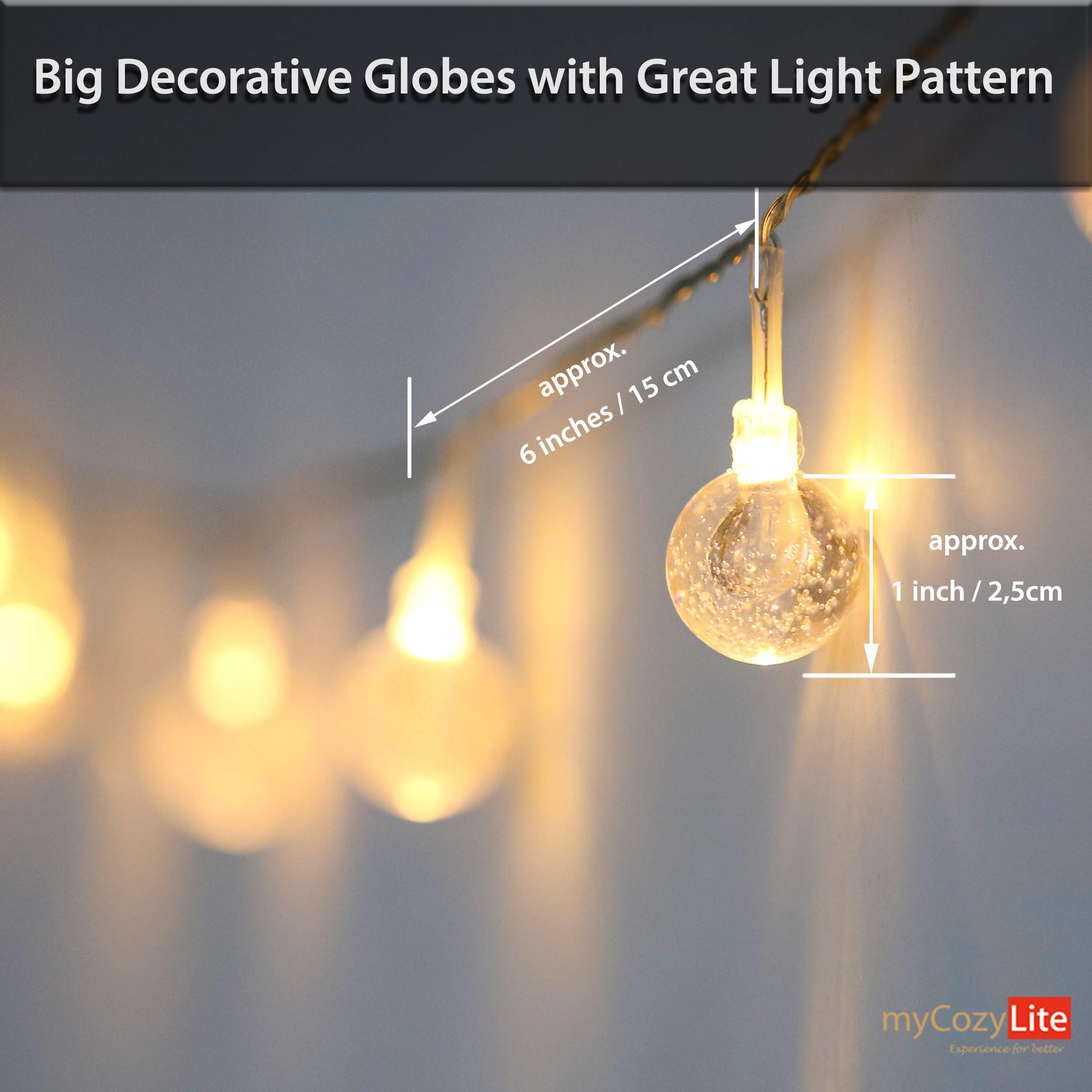 myCozyLite Battery Operated LED String Lights - 20 Warm White Crystal Globe Lights with Timer, 10ft Clear Wire for Indoor & Outdoor Decor - Perfect for Bedroom, Wedding, Party, Garden, Patio, Balcony