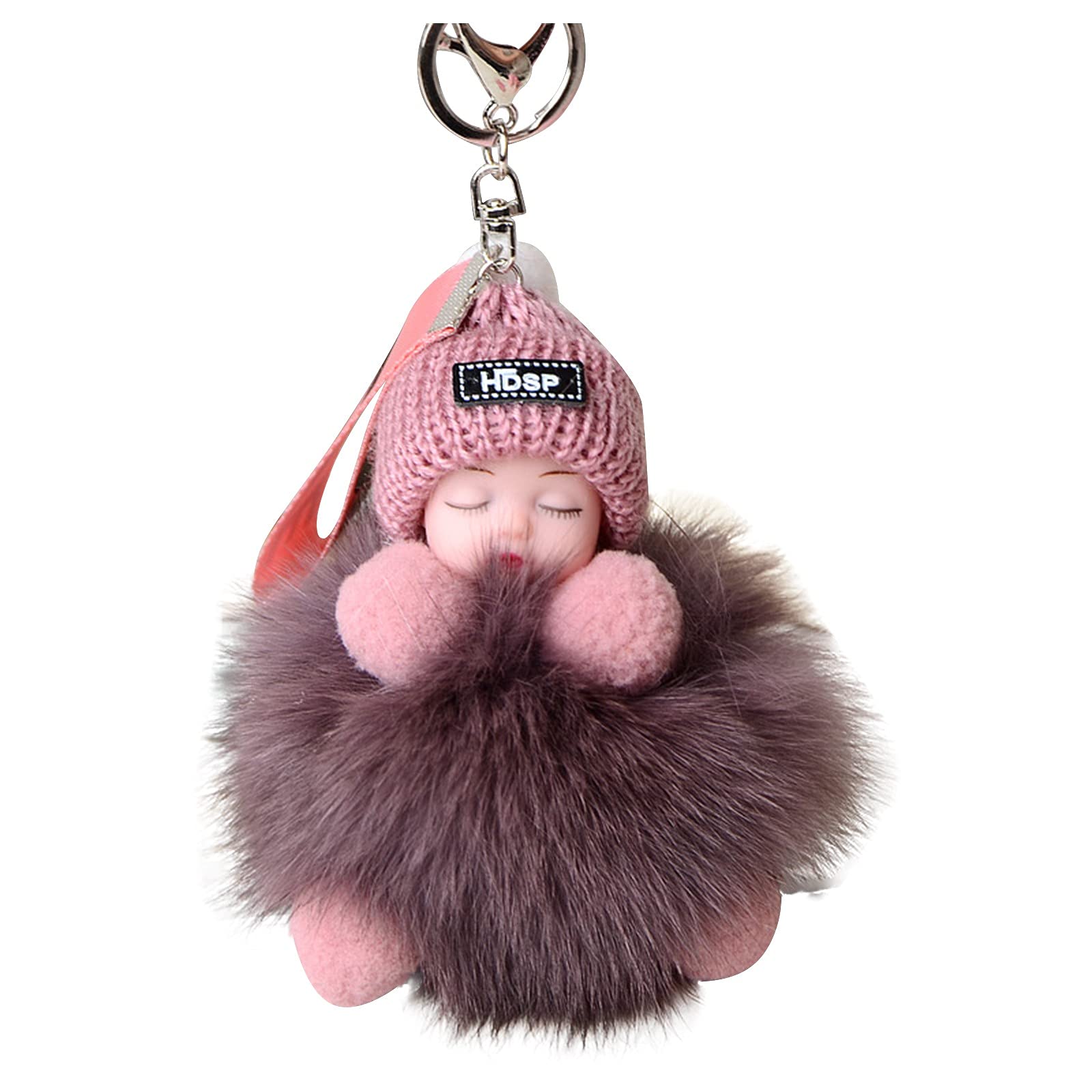 Adorable Sleeping Car Pompon Keychain - Soft Furry Keyring for Baby Bags, Handbags & Backpacks | Cute Car Accessory for Kids, Toddlers & Infants (Perfect for Strollers, Diaper Bags & School Backpacks)