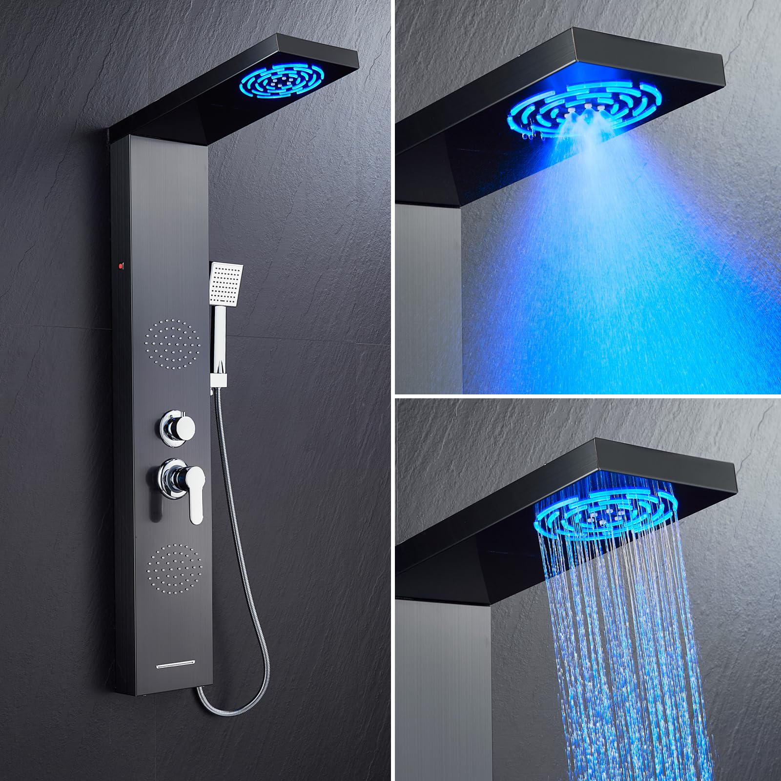 POPFLY Stainless Steel Shower Panel System with LED Mist & Rain Shower Head, 2 Full Body Massage Jets, Tub Spout - Matte Black for Modern Bathroom Upgrade | Perfect for Spa-Like Shower Experience & Luxury Bathroom Renovation