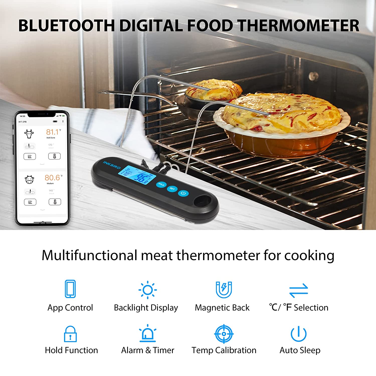 Instant Read Bluetooth Meat Thermometer IHT 2PB - Wireless Digital Cooking Thermometer for Grilling, Smoking, Baking & BBQ with Smartphone App